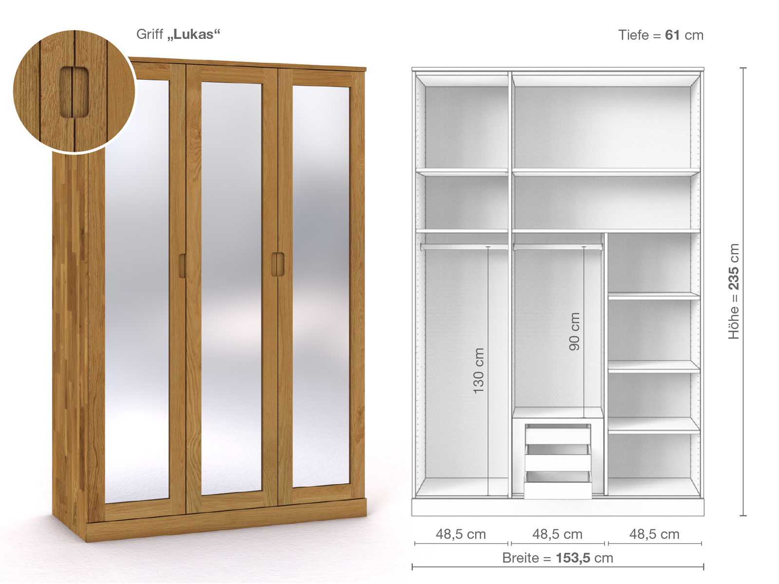 Eichenschrank „Alpenrose“, 3-türig, Höhe 235 cm, Griffausführung „Lukas“, Inneneinrichtung D