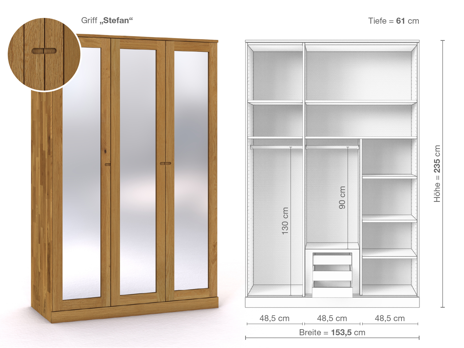 Eichenschrank „Alpenrose“, 3-türig, Höhe 235 cm, Griffausführung „Stefan“, Inneneinrichtung D