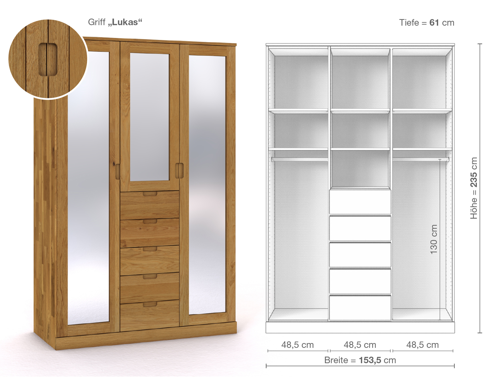 Eichenschrank „Alpenrose“, 3-türig, Höhe 235 cm, Griffausführung „Lukas“, Inneneinrichtung E