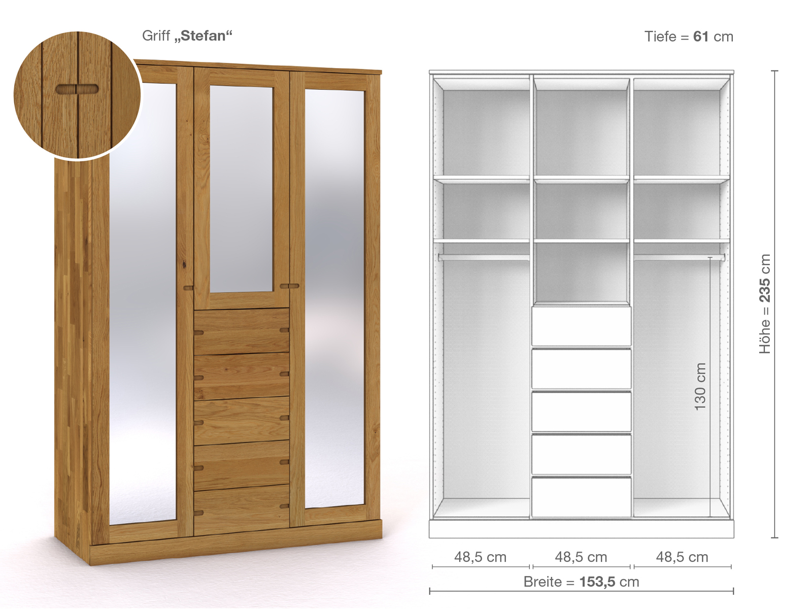 Eichenschrank „Alpenrose“, 3-türig, Höhe 235 cm, Griffausführung „Stefan“, Inneneinrichtung E