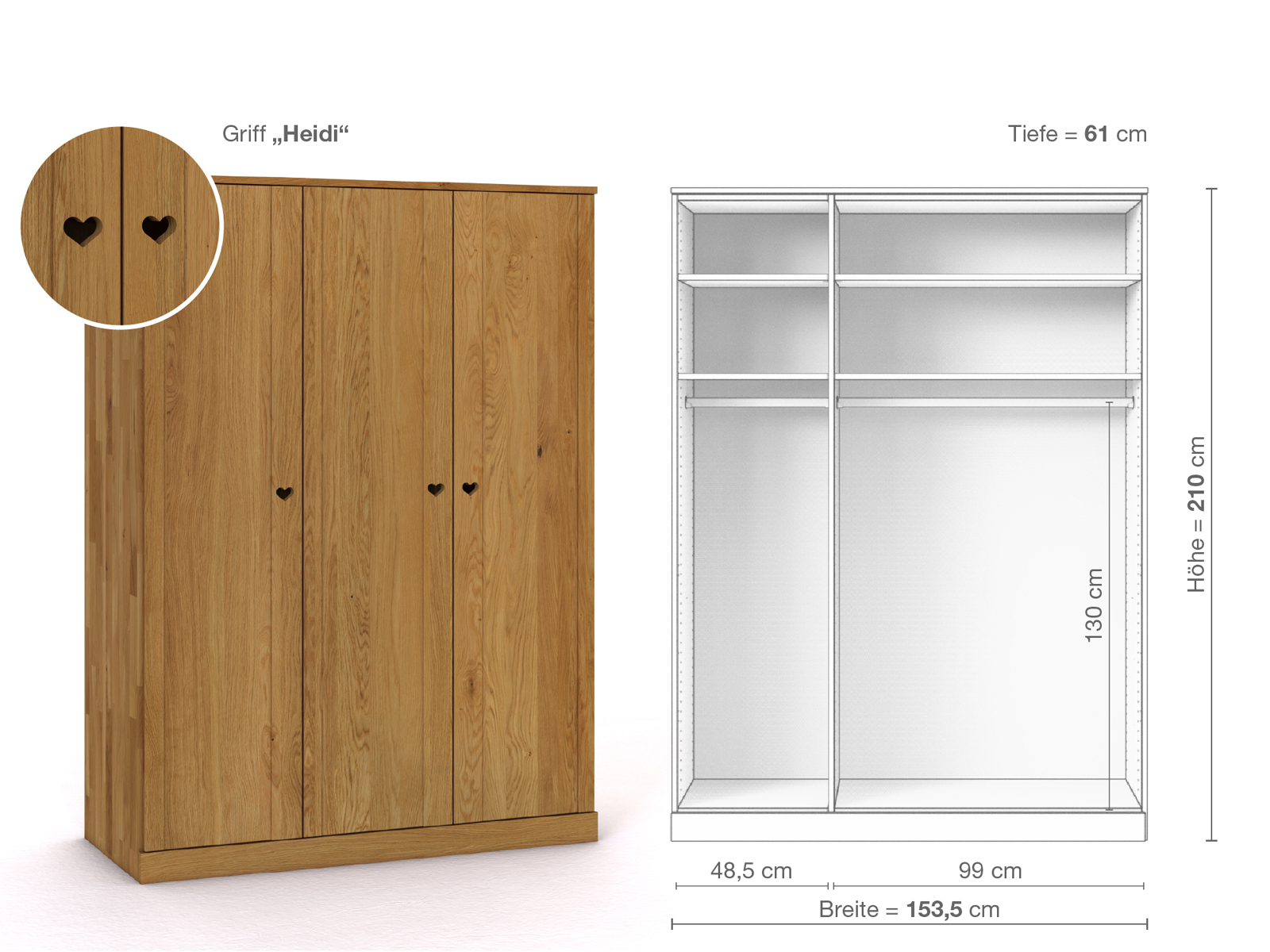 Eichenschrank „Arnika“, 3-türig, Höhe 210 cm, Griffausführung „Heidi“, Inneneinrichtung A