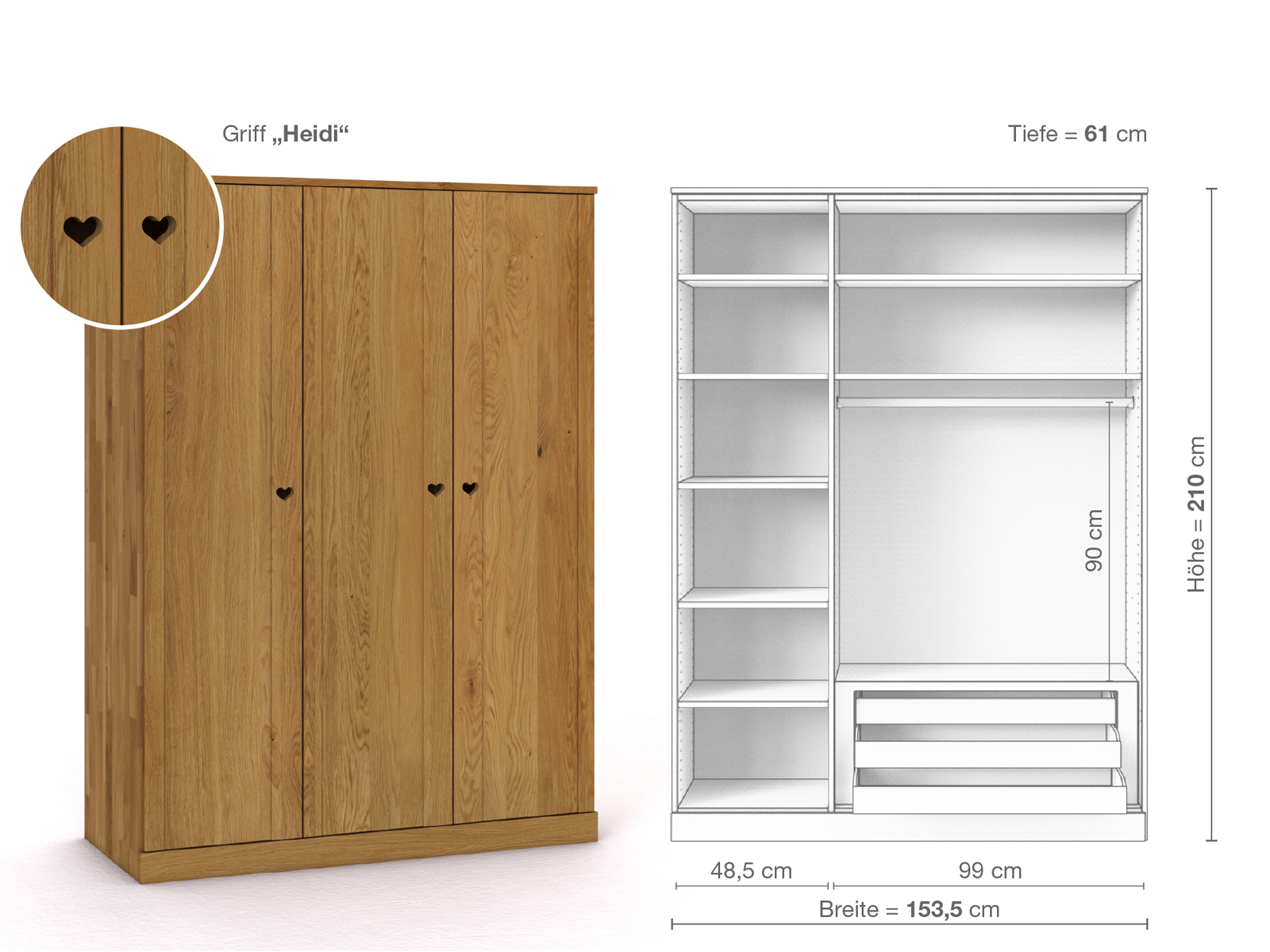 Eichenschrank „Arnika“, 3-türig, Höhe 210 cm, Griffausführung „Heidi“, Inneneinrichtung C