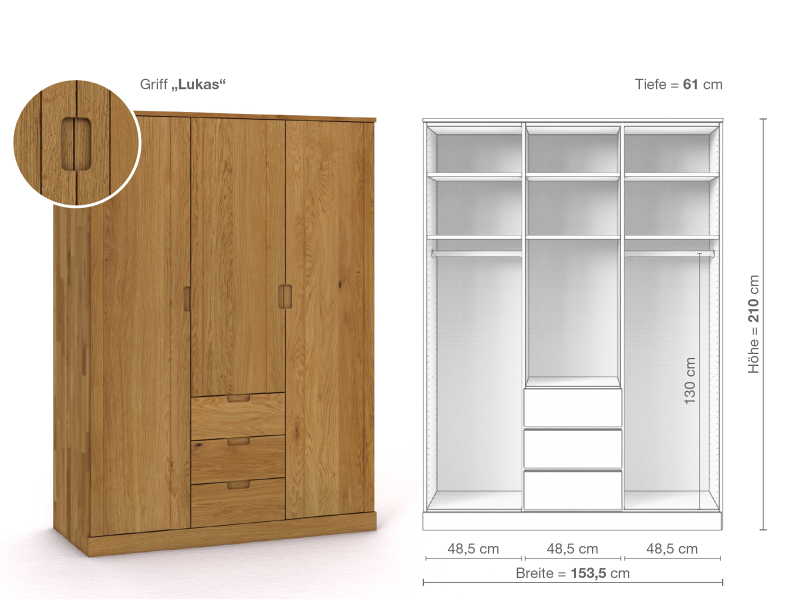 Eichenschrank „Arnika“, 3-türig, Höhe 210 cm, Griffausführung „Lukas“, Inneneinrichtung E