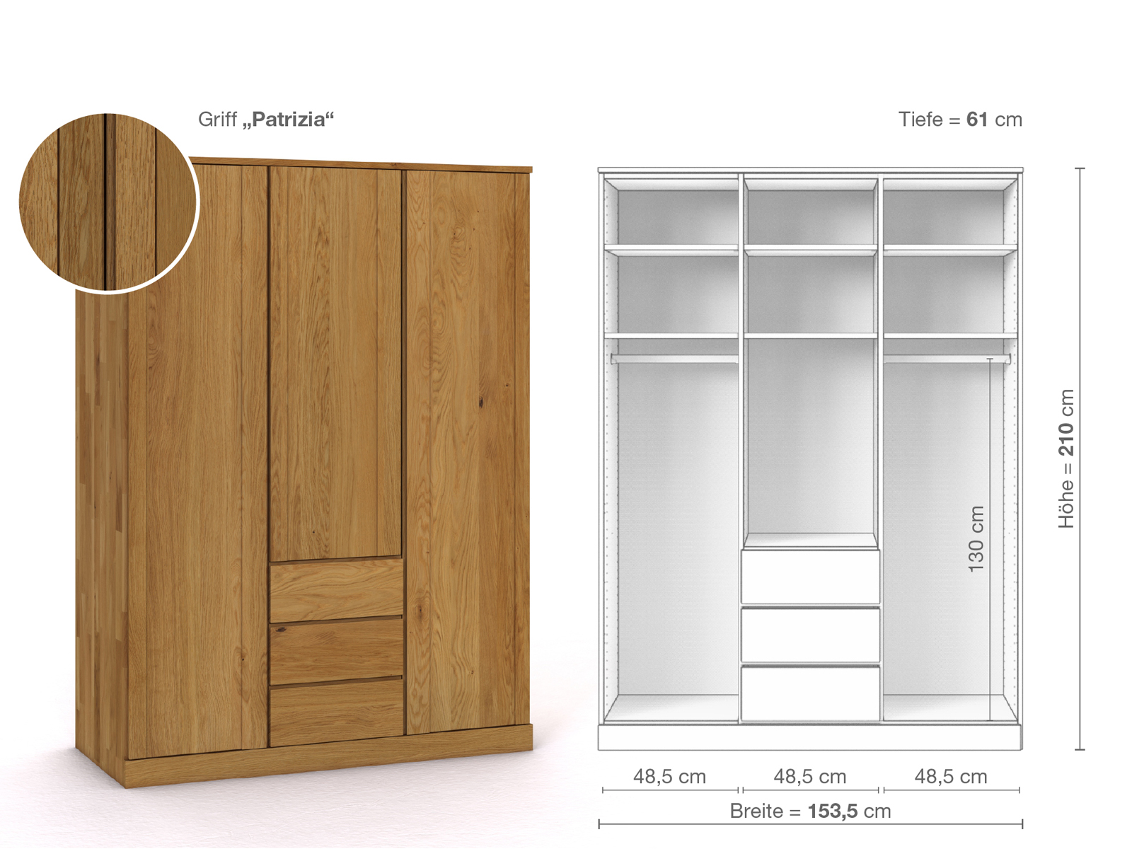 Eichenschrank „Arnika“, 3-türig, Höhe 210 cm, Griffausführung „Patrizia“, Inneneinrichtung E