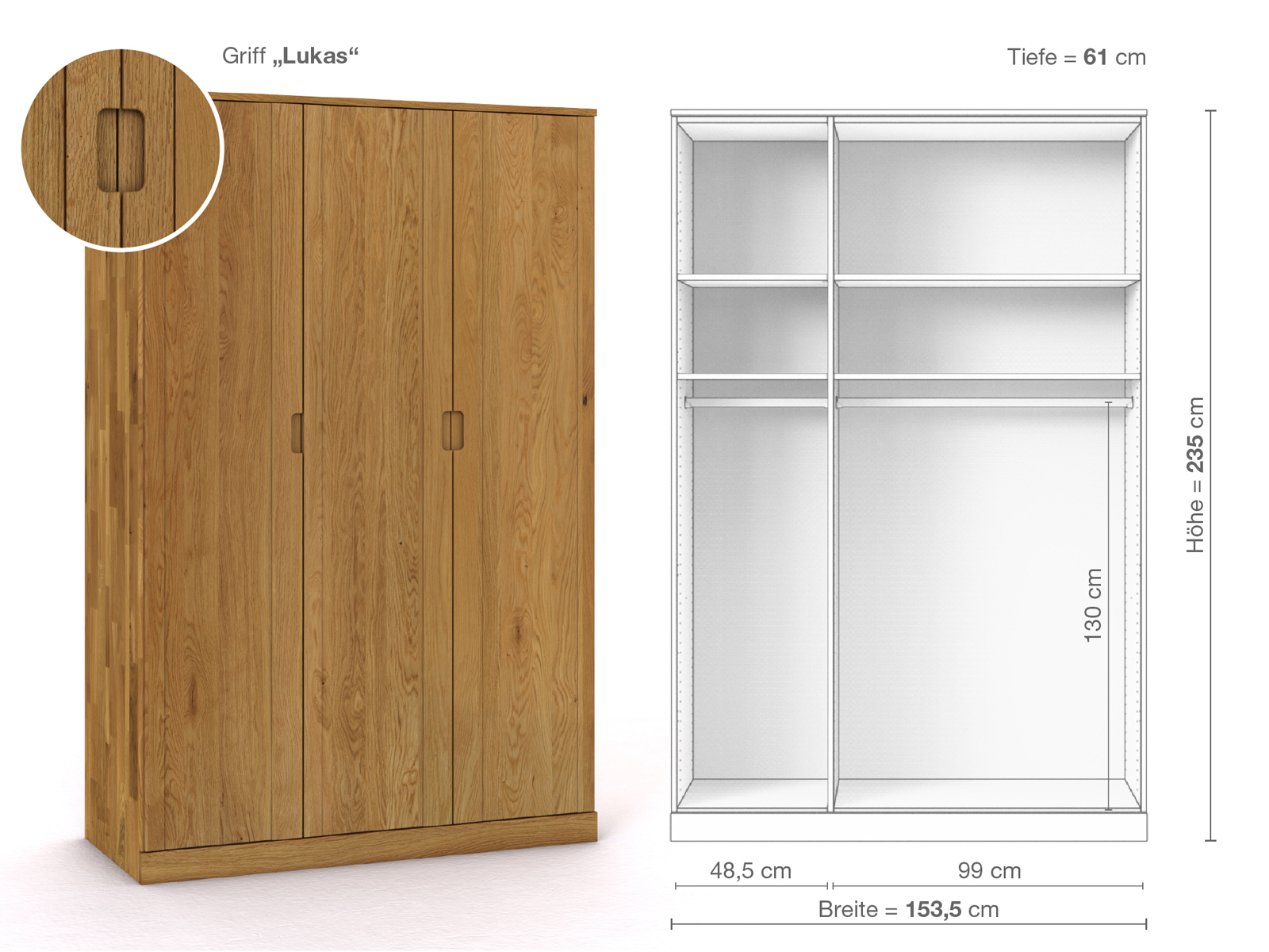 Eichenschrank „Arnika“, 3-türig, Höhe 235 cm, Griffausführung „Lukas“, Inneneinrichtung A