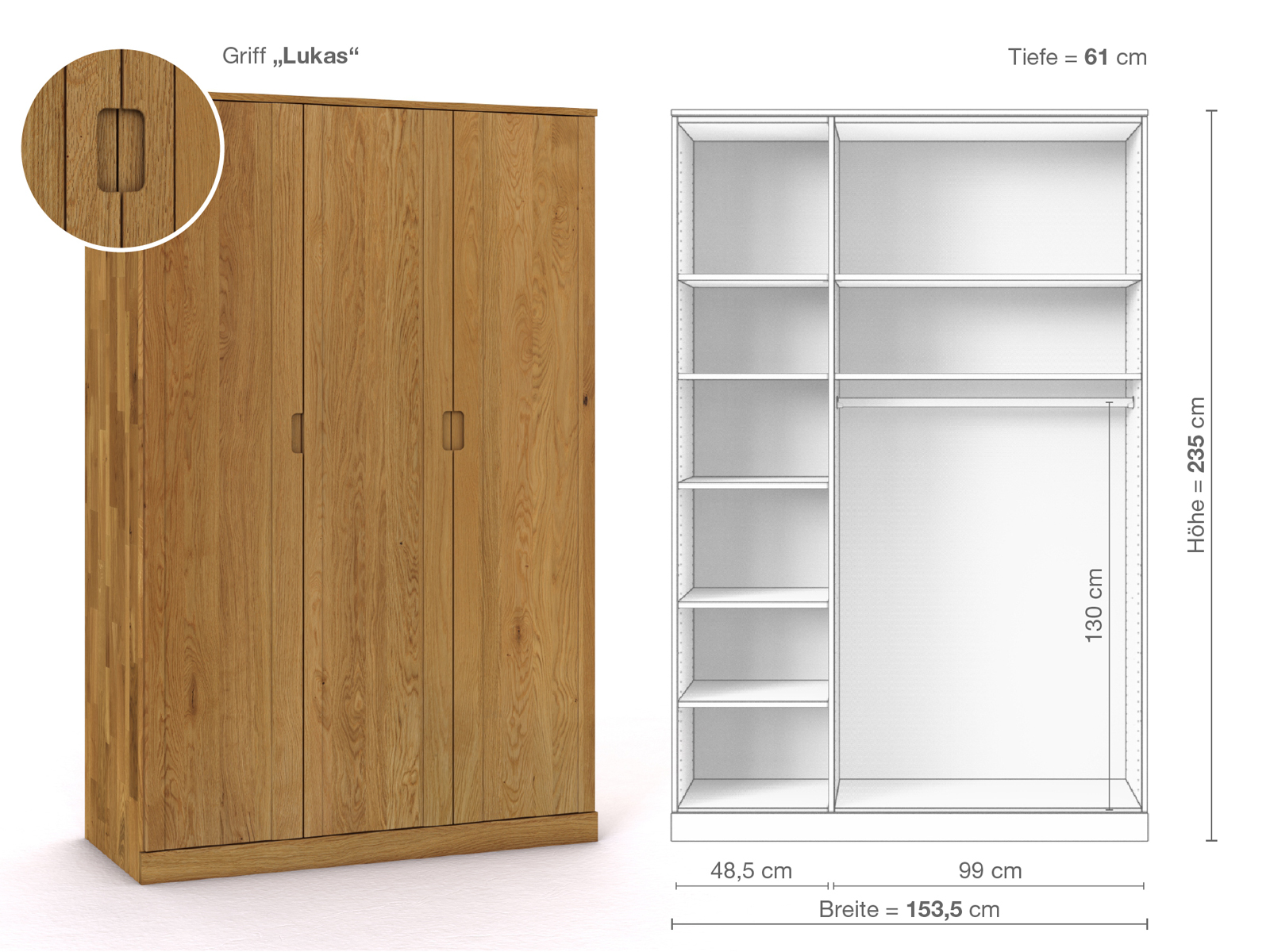 Eichenschrank „Arnika“, 3-türig, Höhe 235 cm, Griffausführung „Lukas“, Inneneinrichtung B