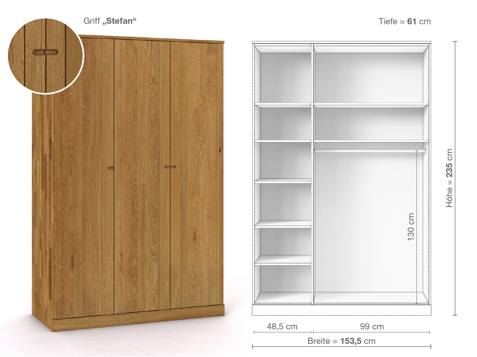 Eichenschrank „Arnika“, 3-türig, Höhe 235 cm, Griffausführung „Stefan“, Inneneinrichtung B