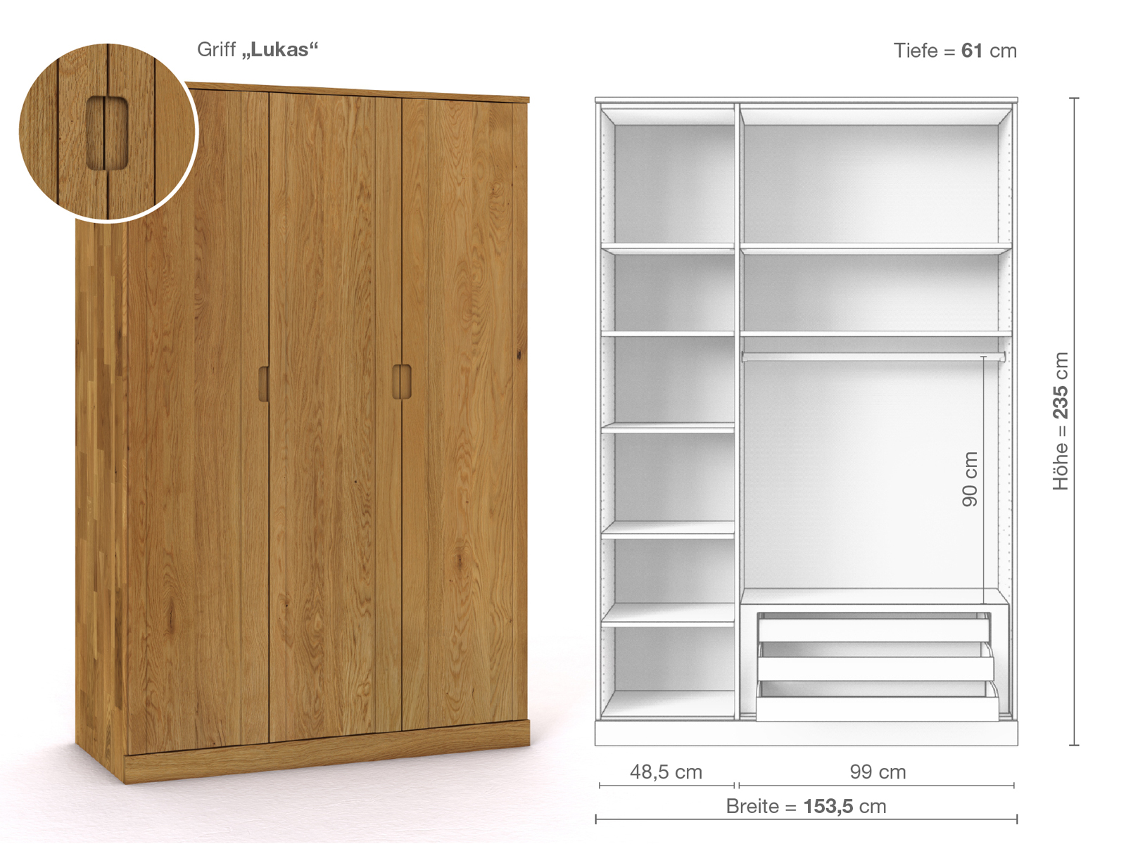 Eichenschrank „Arnika“, 3-türig, Höhe 235 cm, Griffausführung „Lukas“, Inneneinrichtung C