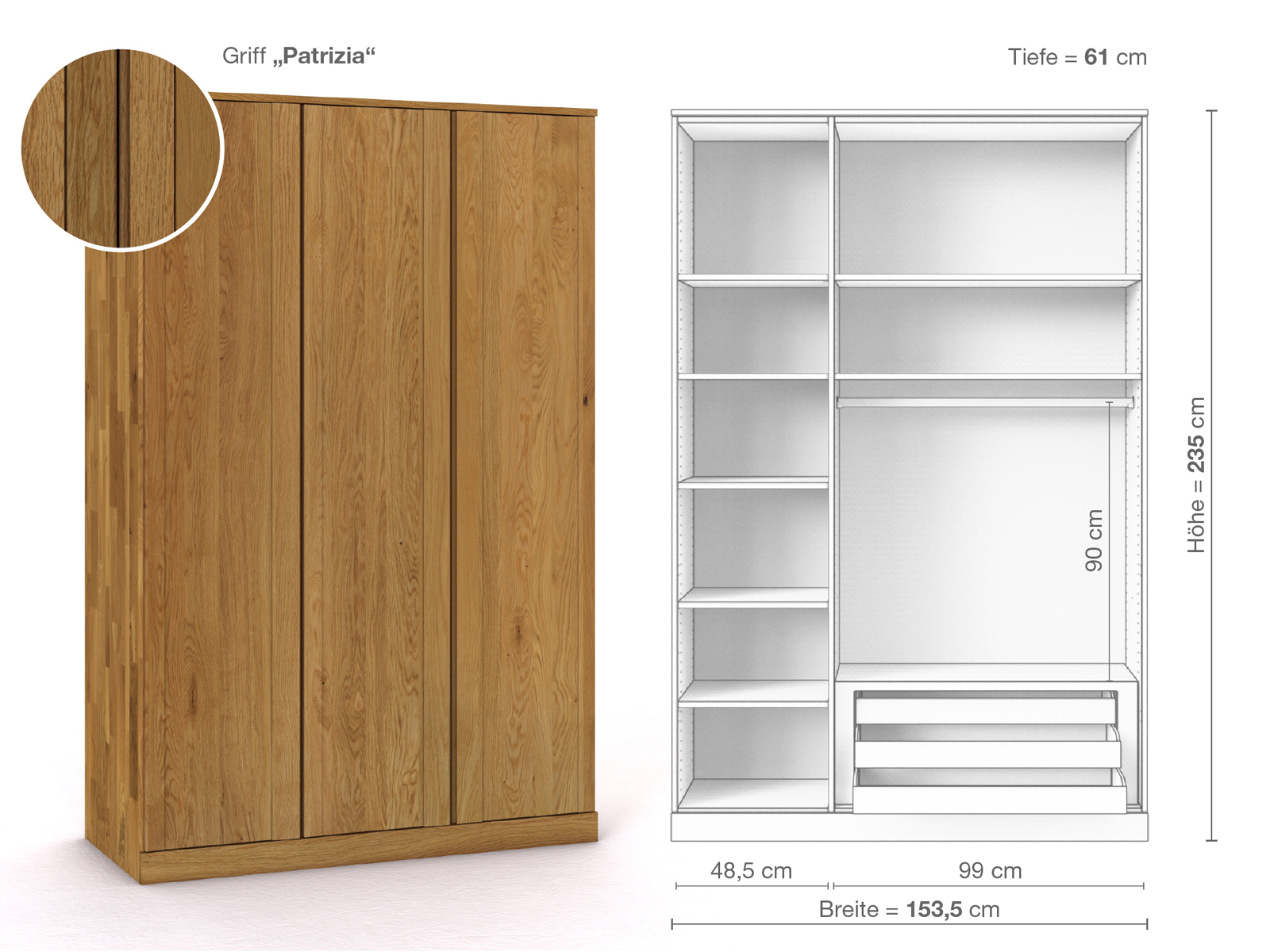 Eichenschrank „Arnika“, 3-türig, Höhe 235 cm, Griffausführung „Patrizia“, Inneneinrichtung C