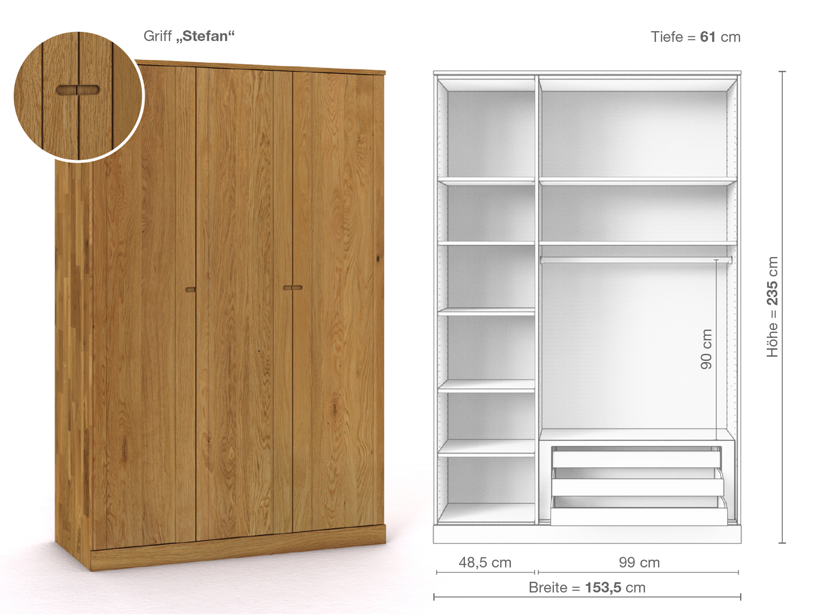 Eichenschrank „Arnika“, 3-türig, Höhe 235 cm, Griffausführung „Stefan“, Inneneinrichtung C