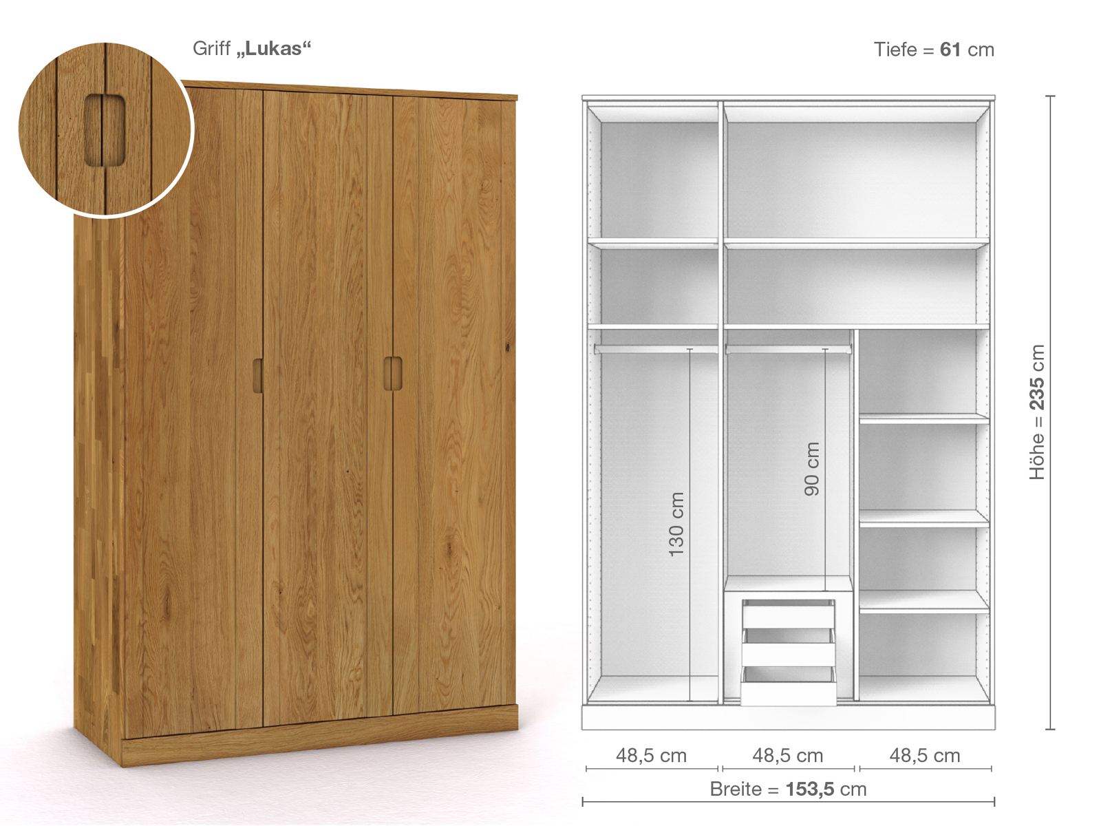 Eichenschrank „Arnika“, 3-türig, Höhe 235 cm, Griffausführung „Lukas“, Inneneinrichtung D