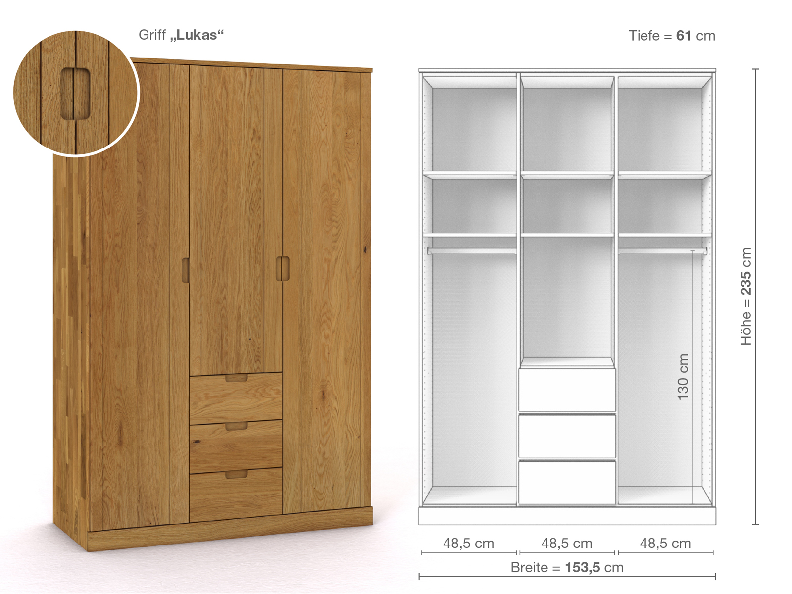 Eichenschrank „Arnika“, 3-türig, Höhe 235 cm, Griffausführung „Lukas“, Inneneinrichtung E