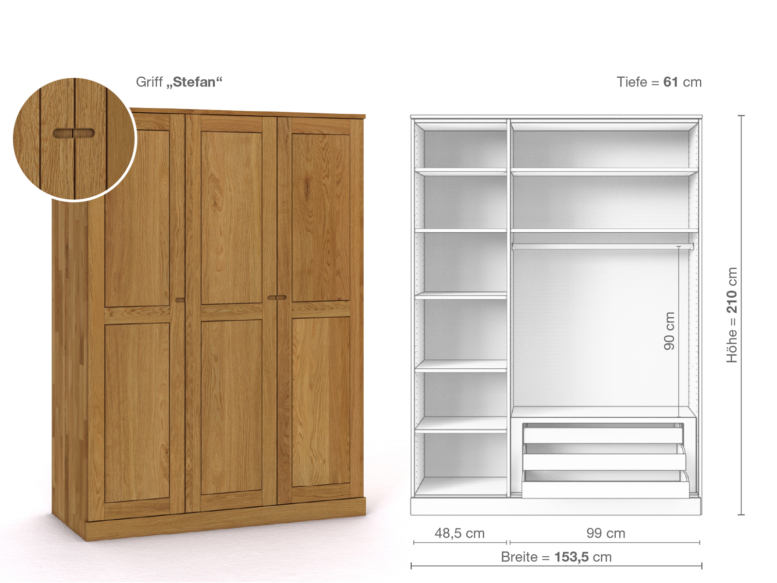 Eichenschrank „Edelweiß“, 3-türig, Höhe 210 cm, Griffausführung „Stefan“, Inneneinrichtung C