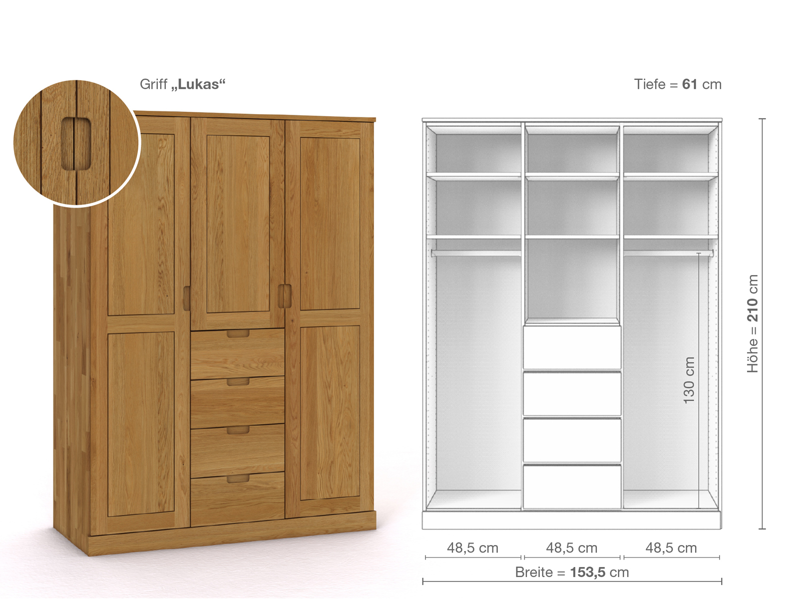 Eichenschrank „Edelweiß“, 3-türig, Höhe 210 cm, Griffausführung „Lukas“, Inneneinrichtung E