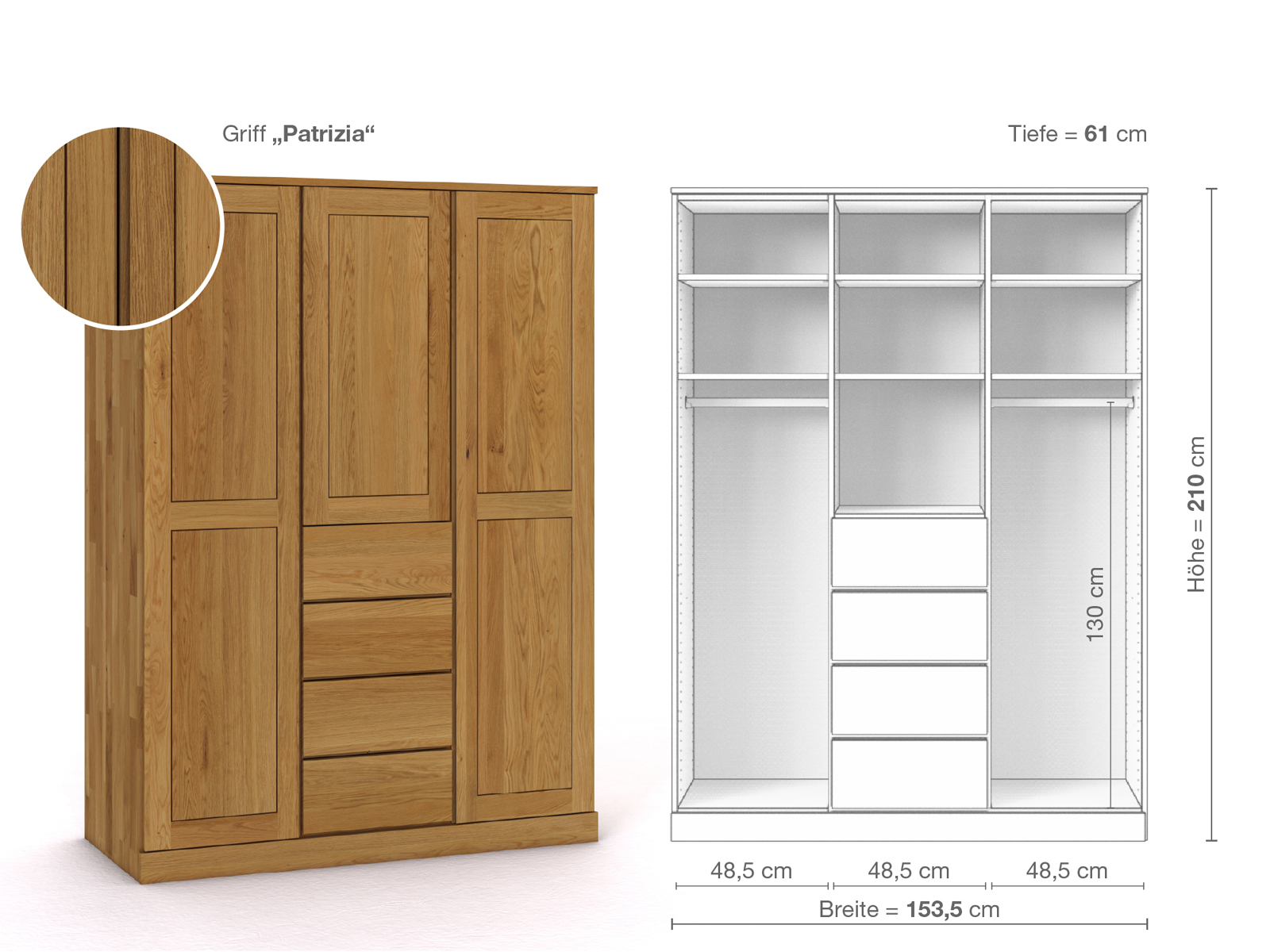 Eichenschrank „Edelweiß“, 3-türig, Höhe 210 cm, Griffausführung „Patrizia“, Inneneinrichtung E