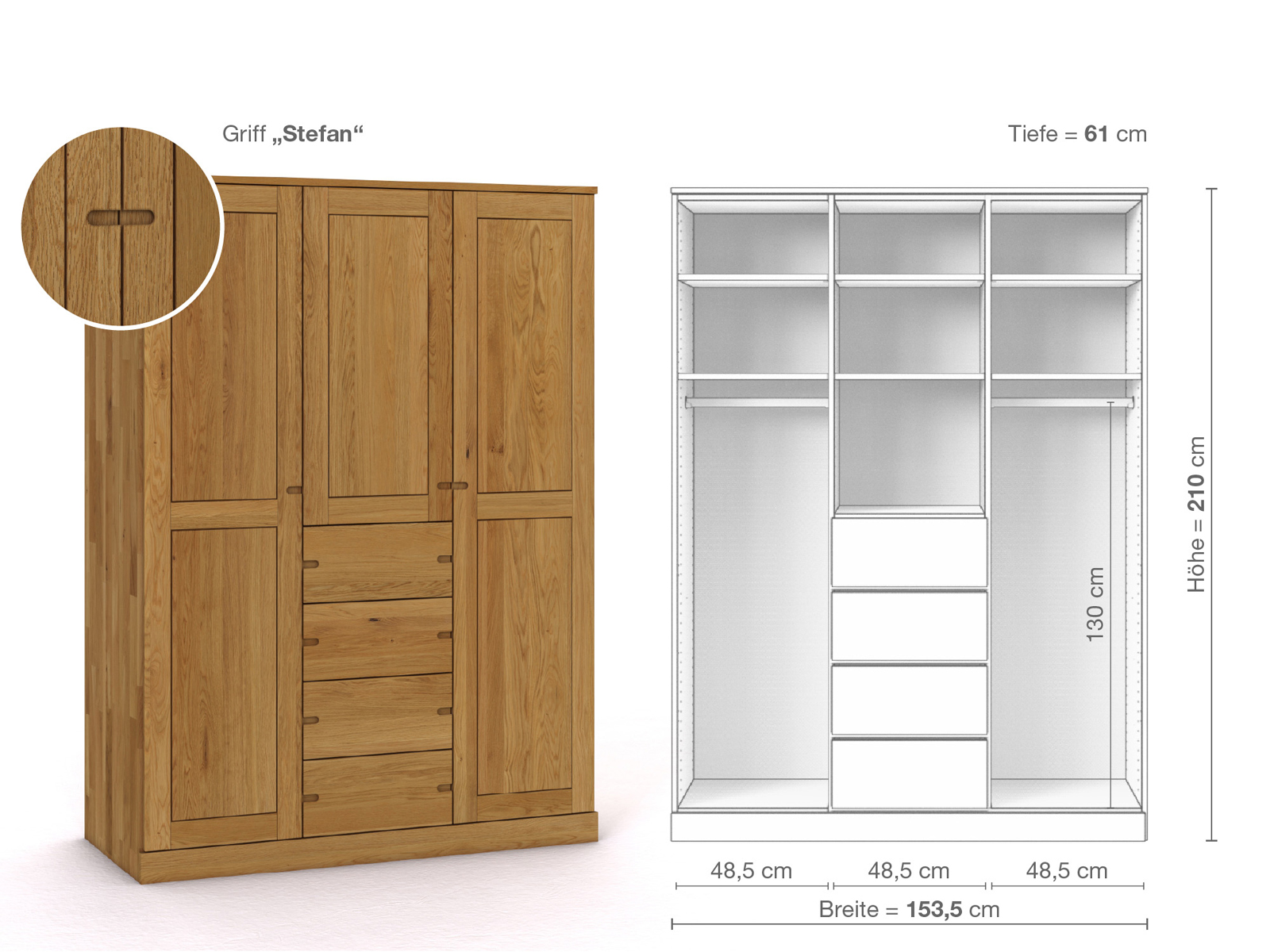 Eichenschrank „Edelweiß“, 3-türig, Höhe 210 cm, Griffausführung „Stefan“, Inneneinrichtung E