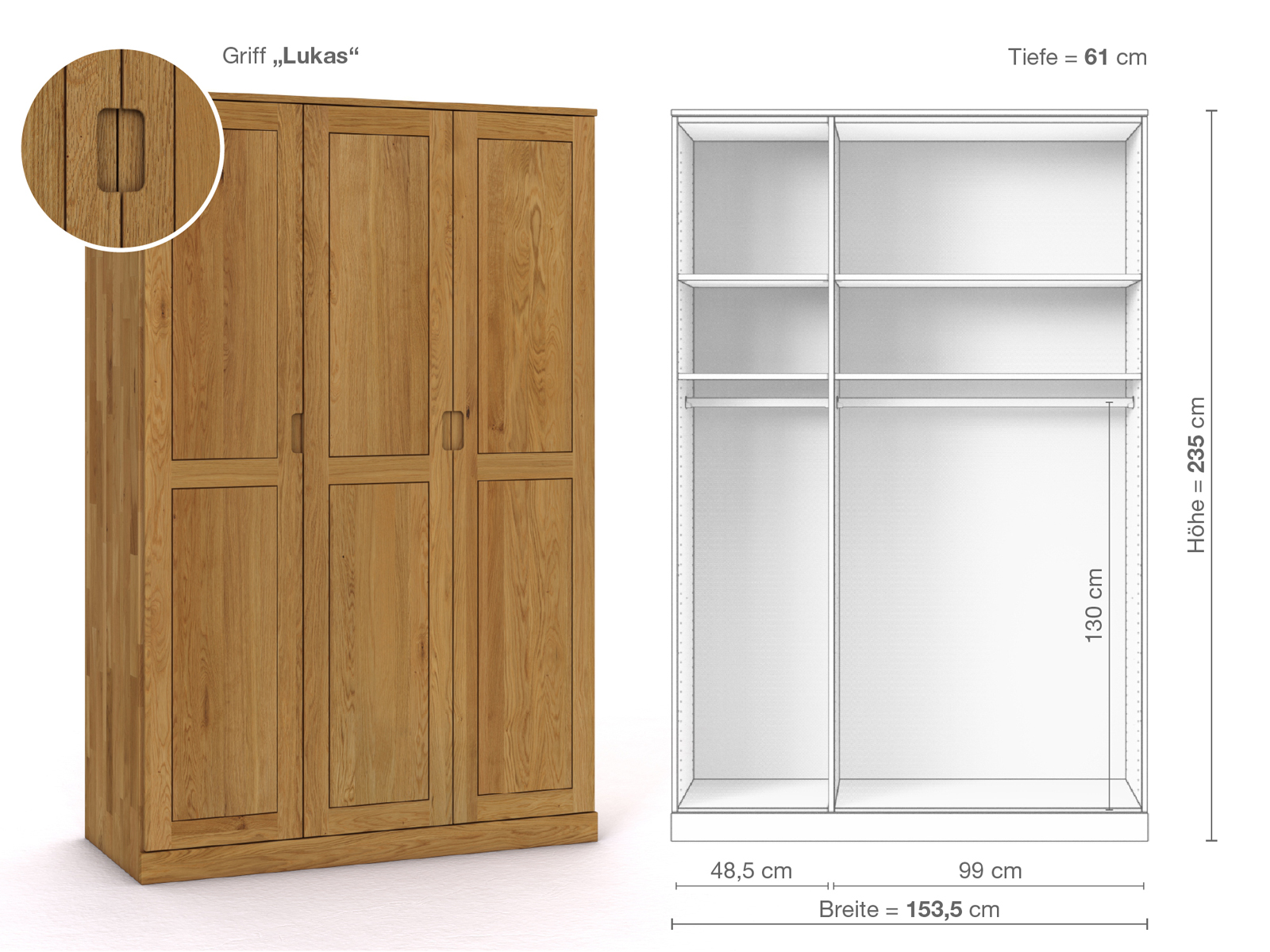 Eichenschrank „Edelweiß“, 3-türig, Höhe 235 cm, Griffausführung „Lukas“, Inneneinrichtung A