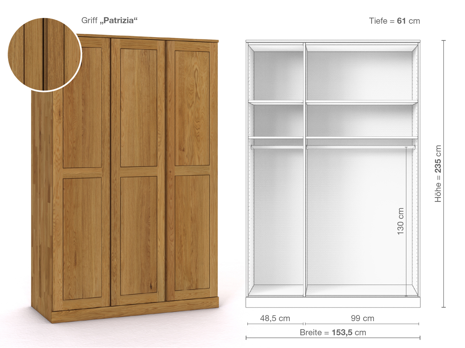 Eichenschrank „Edelweiß“, 3-türig, Höhe 235 cm, Griffausführung „Patrizia“, Inneneinrichtung A