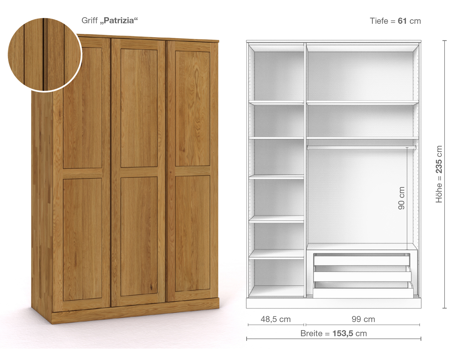 Eichenschrank „Edelweiß“, 3-türig, Höhe 235 cm, Griffausführung „Patrizia“, Inneneinrichtung C