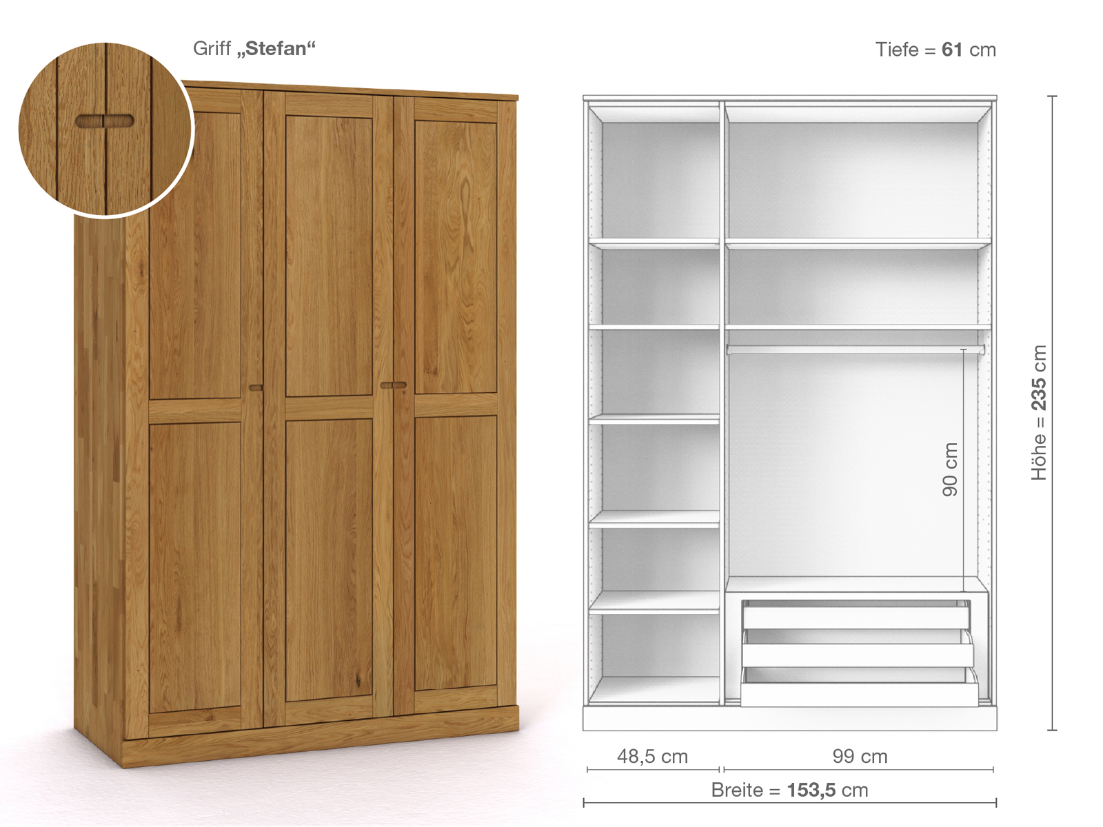 Eichenschrank „Edelweiß“, 3-türig, Höhe 235 cm, Griffausführung „Stefan“, Inneneinrichtung C