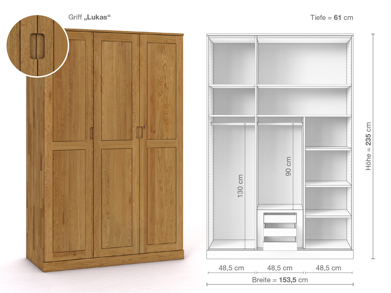 Eichenschrank „Edelweiß“, 3-türig, Höhe 235 cm, Griffausführung „Lukas“, Inneneinrichtung D