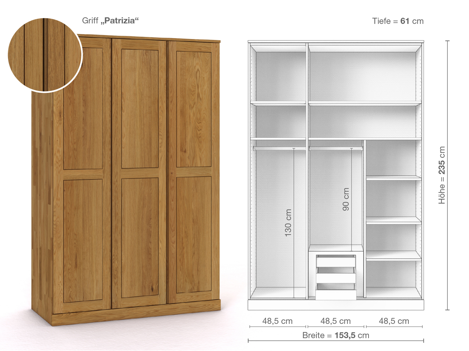 Eichenschrank „Edelweiß“, 3-türig, Höhe 235 cm, Griffausführung „Patrizia“, Inneneinrichtung D