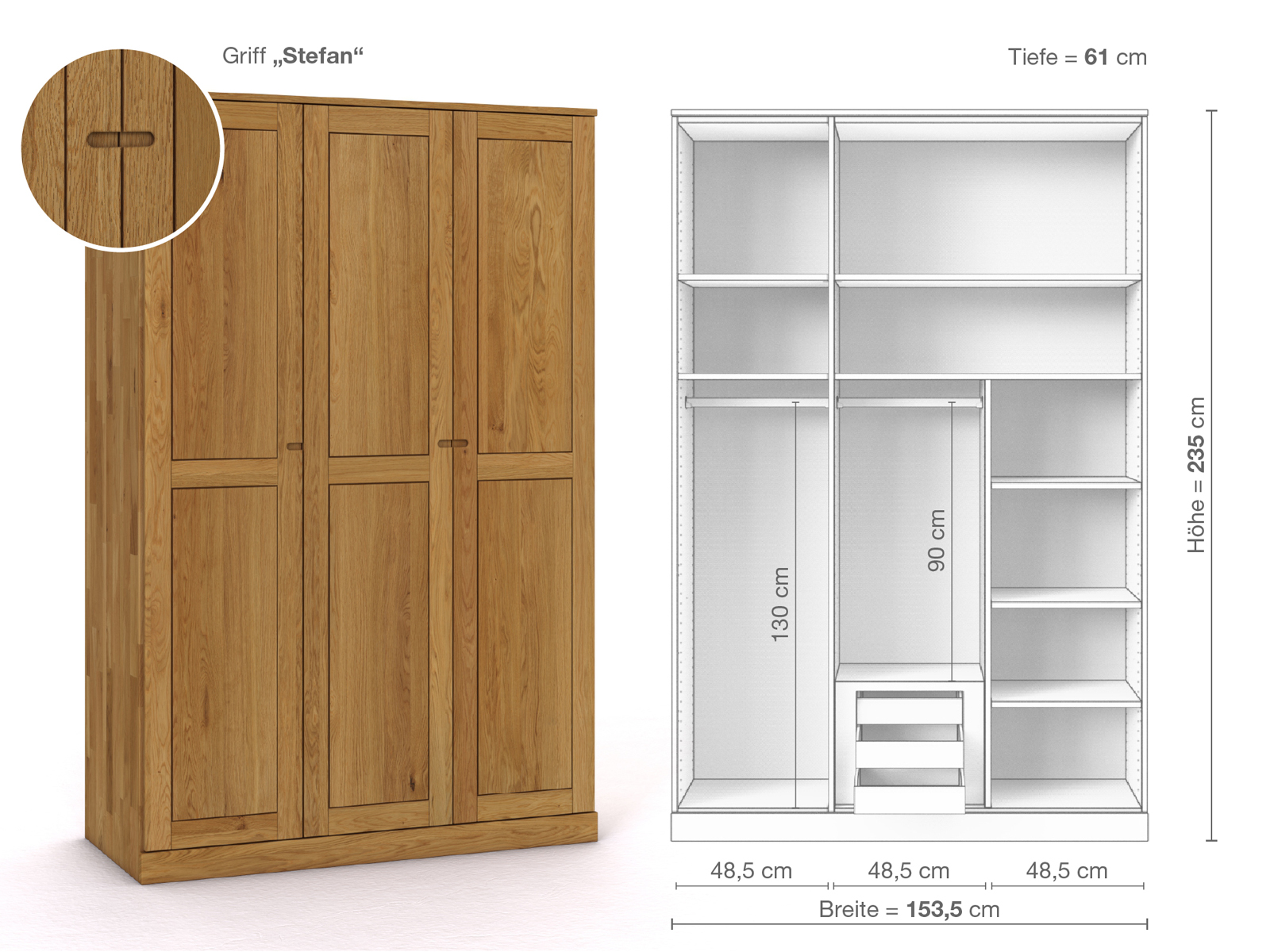 Eichenschrank „Edelweiß“, 3-türig, Höhe 235 cm, Griffausführung „Stefan“, Inneneinrichtung D