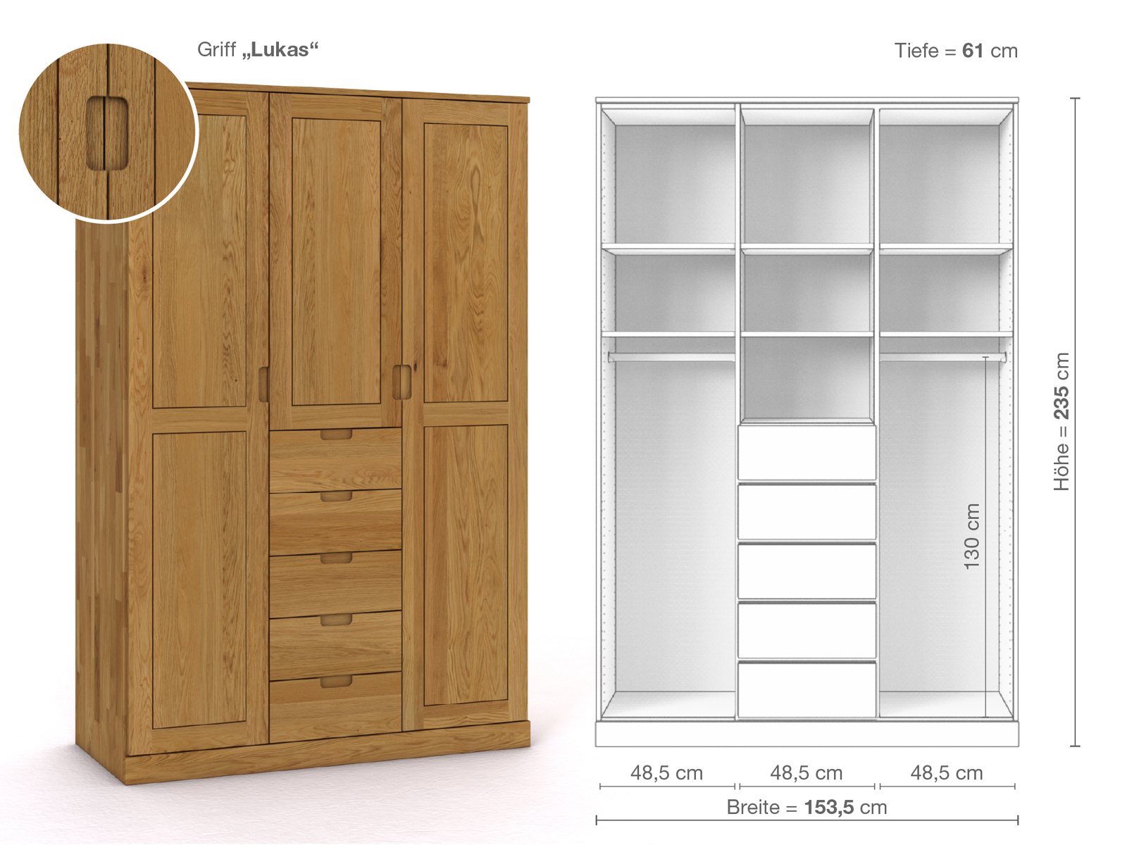 Eichenschrank „Edelweiß“, 3-türig, Höhe 235 cm, Griffausführung „Lukas“, Inneneinrichtung E