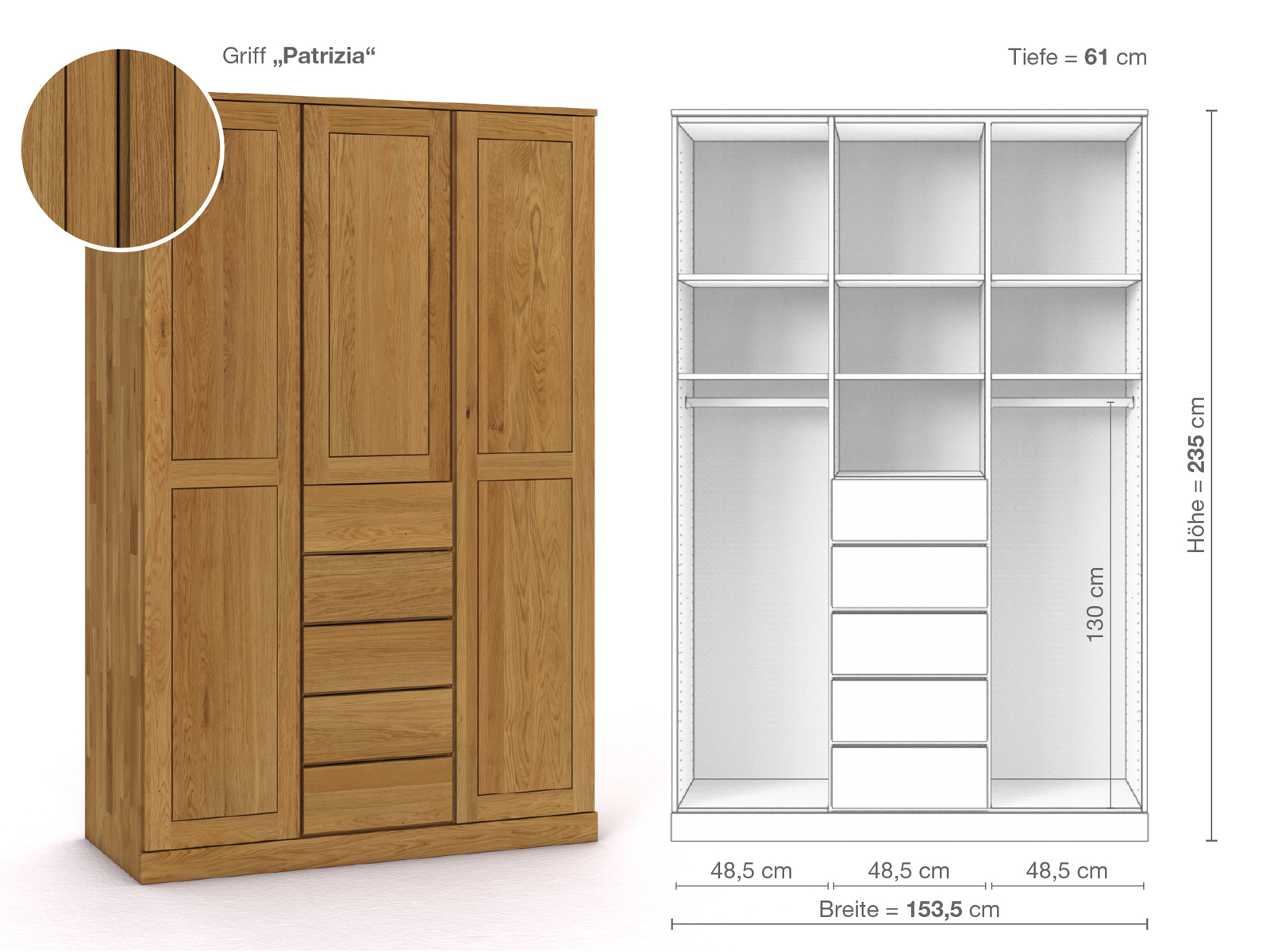 Eichenschrank „Edelweiß“, 3-türig, Höhe 235 cm, Griffausführung „Patrizia“, Inneneinrichtung E