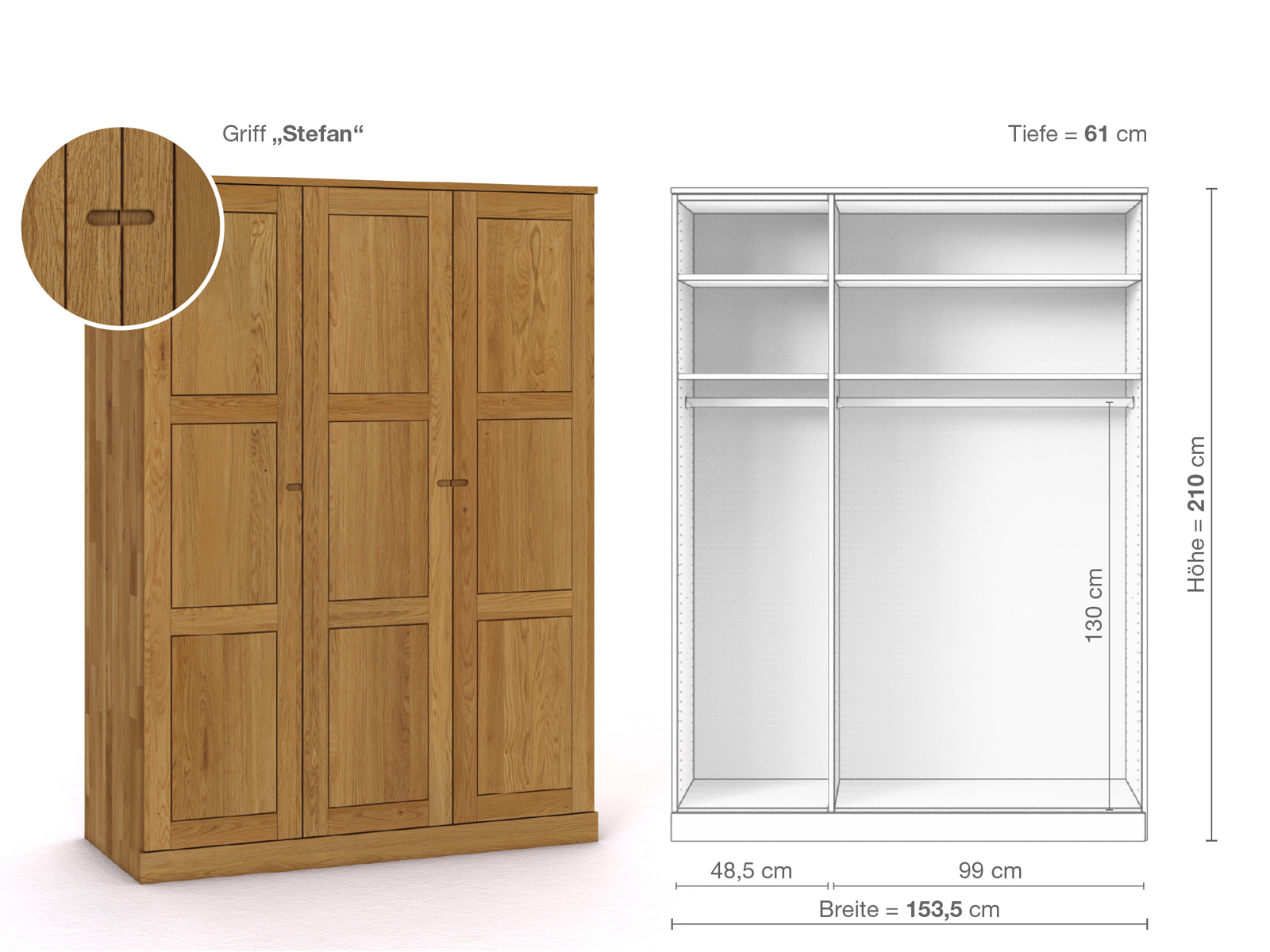 Eichenschrank „Enzian“, 3-türig, Höhe 210 cm, Griffausführung „Stefan“, Inneneinrichtung A