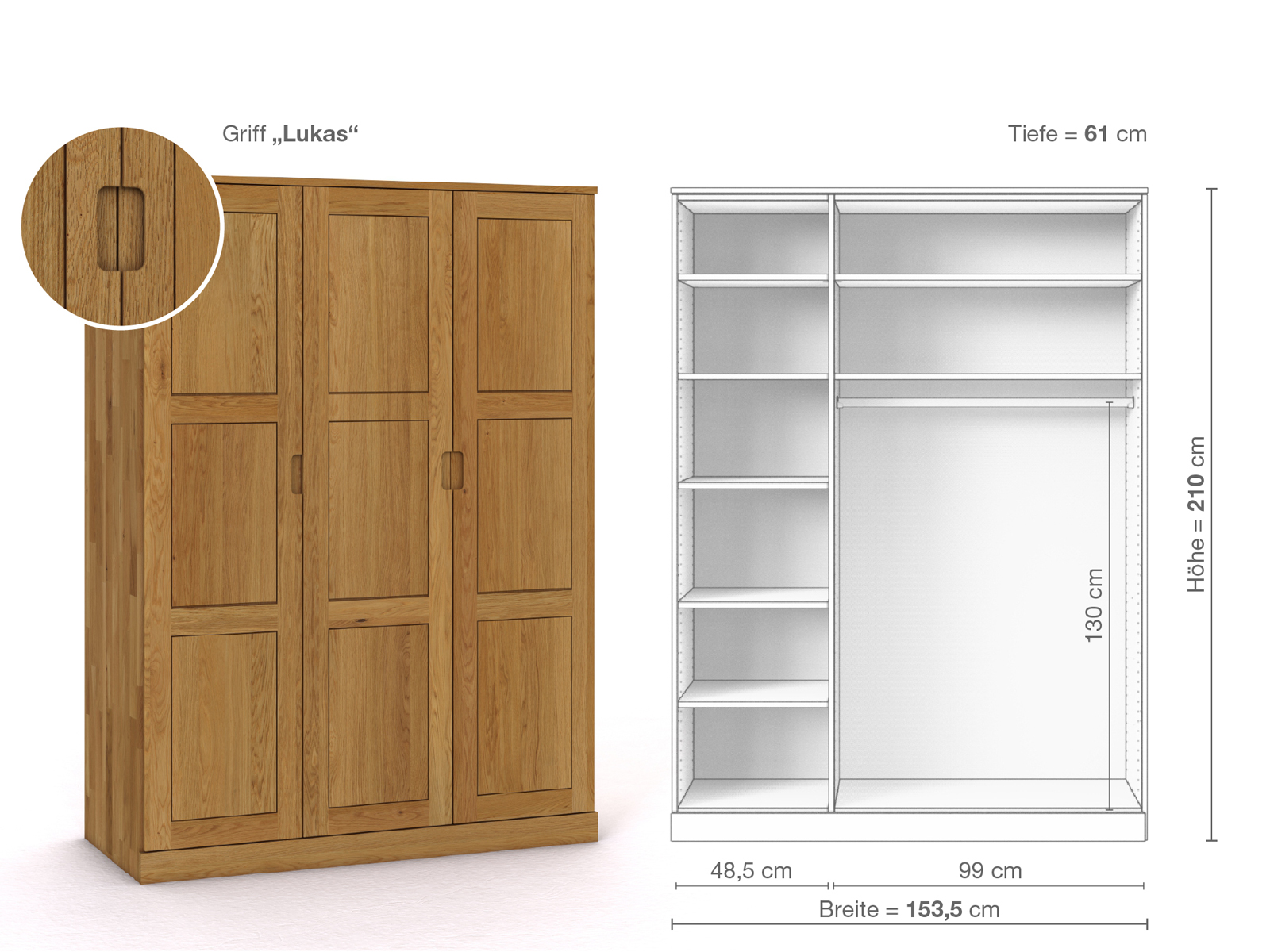 Eichenschrank „Enzian“, 3-türig, Höhe 210 cm, Griffausführung „Lukas“, Inneneinrichtung B