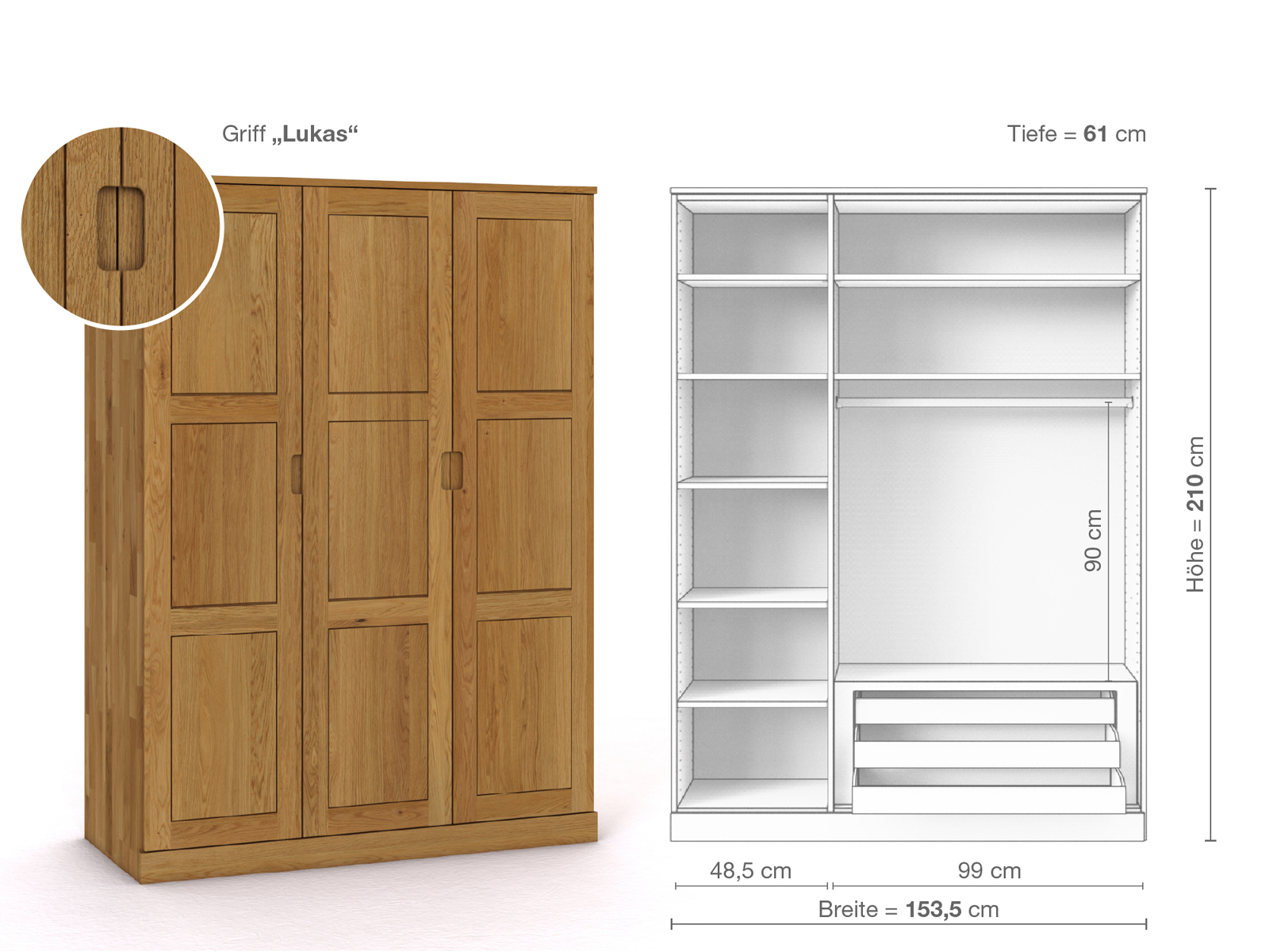 Eichenschrank „Enzian“, 3-türig, Höhe 210 cm, Griffausführung „Lukas“, Inneneinrichtung C