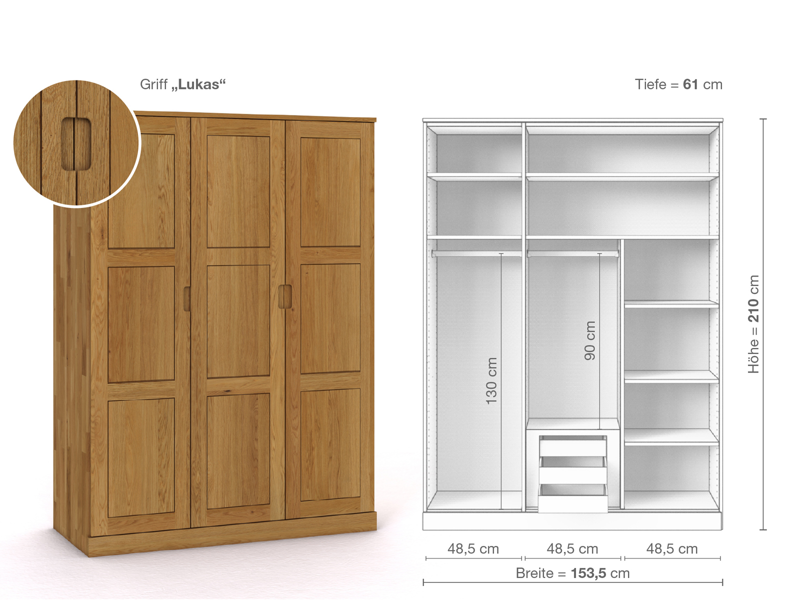 Eichenschrank „Enzian“, 3-türig, Höhe 210 cm, Griffausführung „Lukas“, Inneneinrichtung D