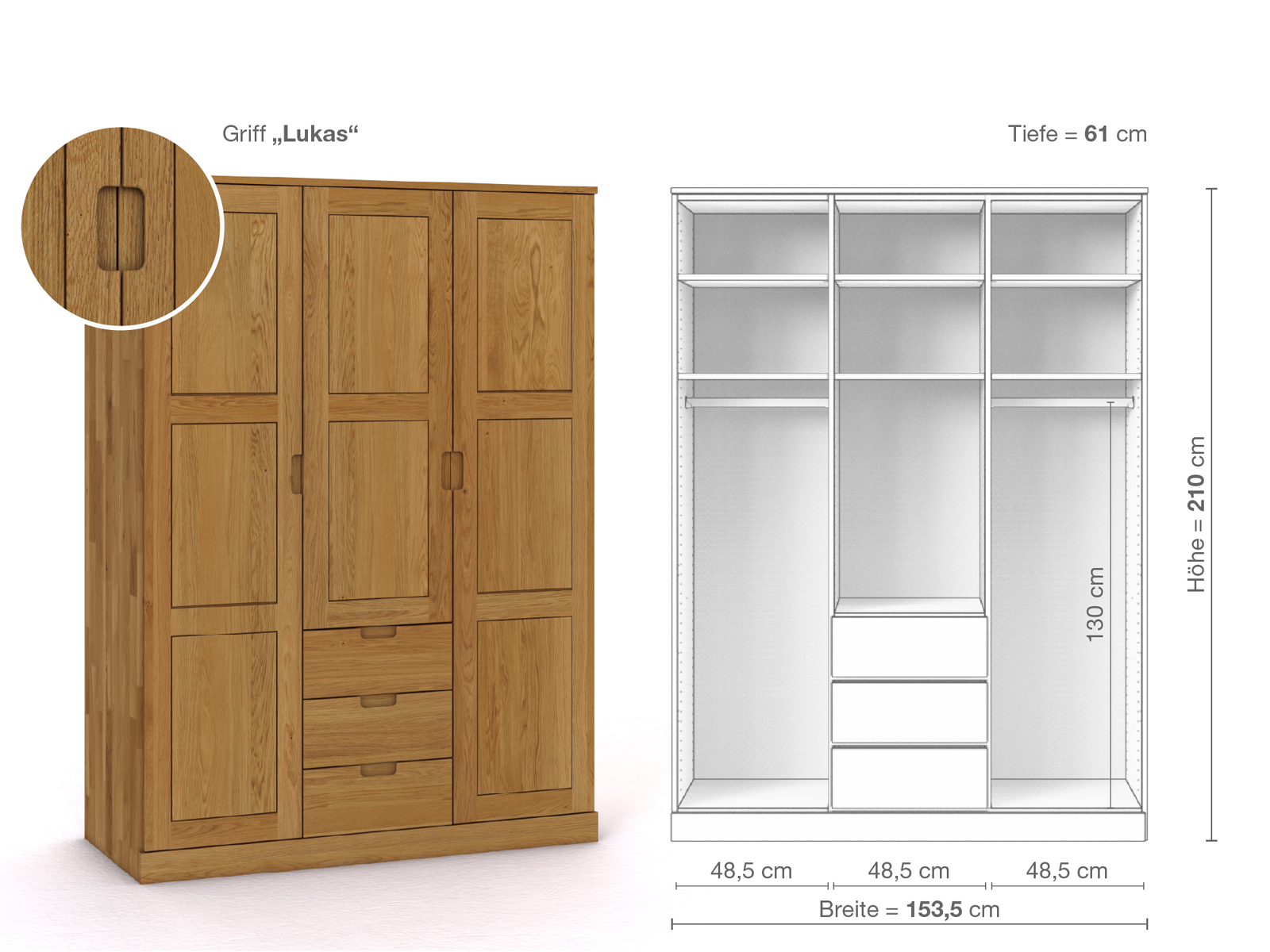 Eichenschrank „Enzian“, 3-türig, Höhe 210 cm, Griffausführung „Lukas“, Inneneinrichtung E