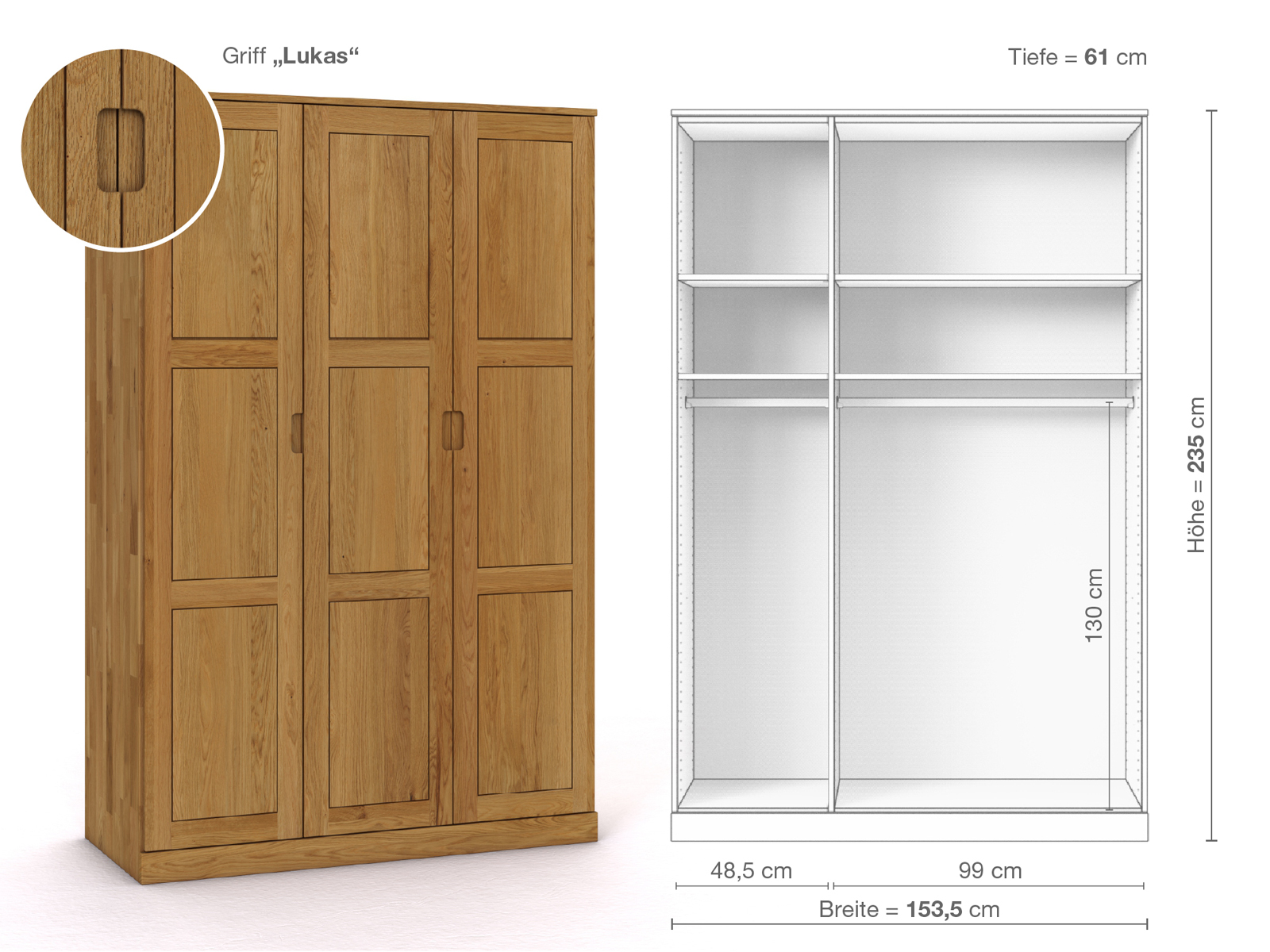 Eichenschrank „Enzian“, 3-türig, Höhe 235 cm, Griffausführung „Lukas“, Inneneinrichtung A