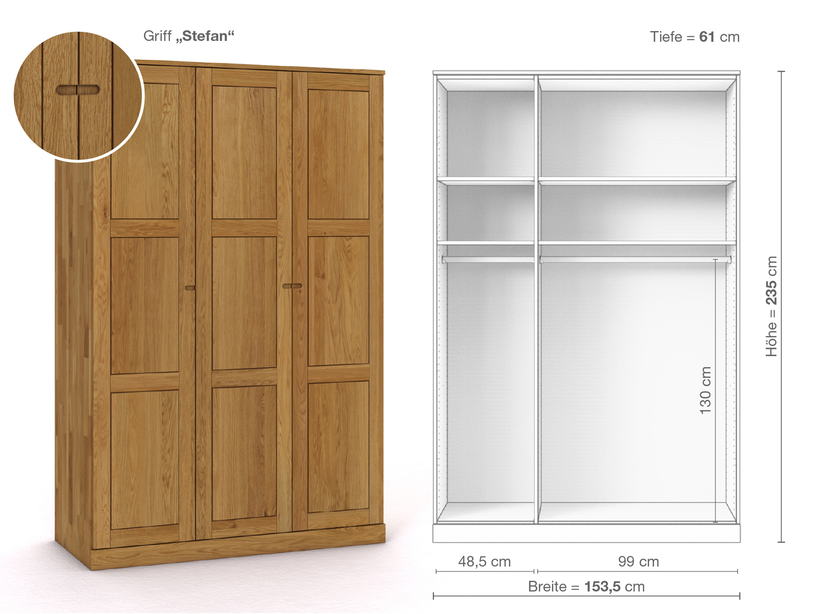 Eichenschrank „Enzian“, 3-türig, Höhe 235 cm, Griffausführung „Stefan“, Inneneinrichtung A