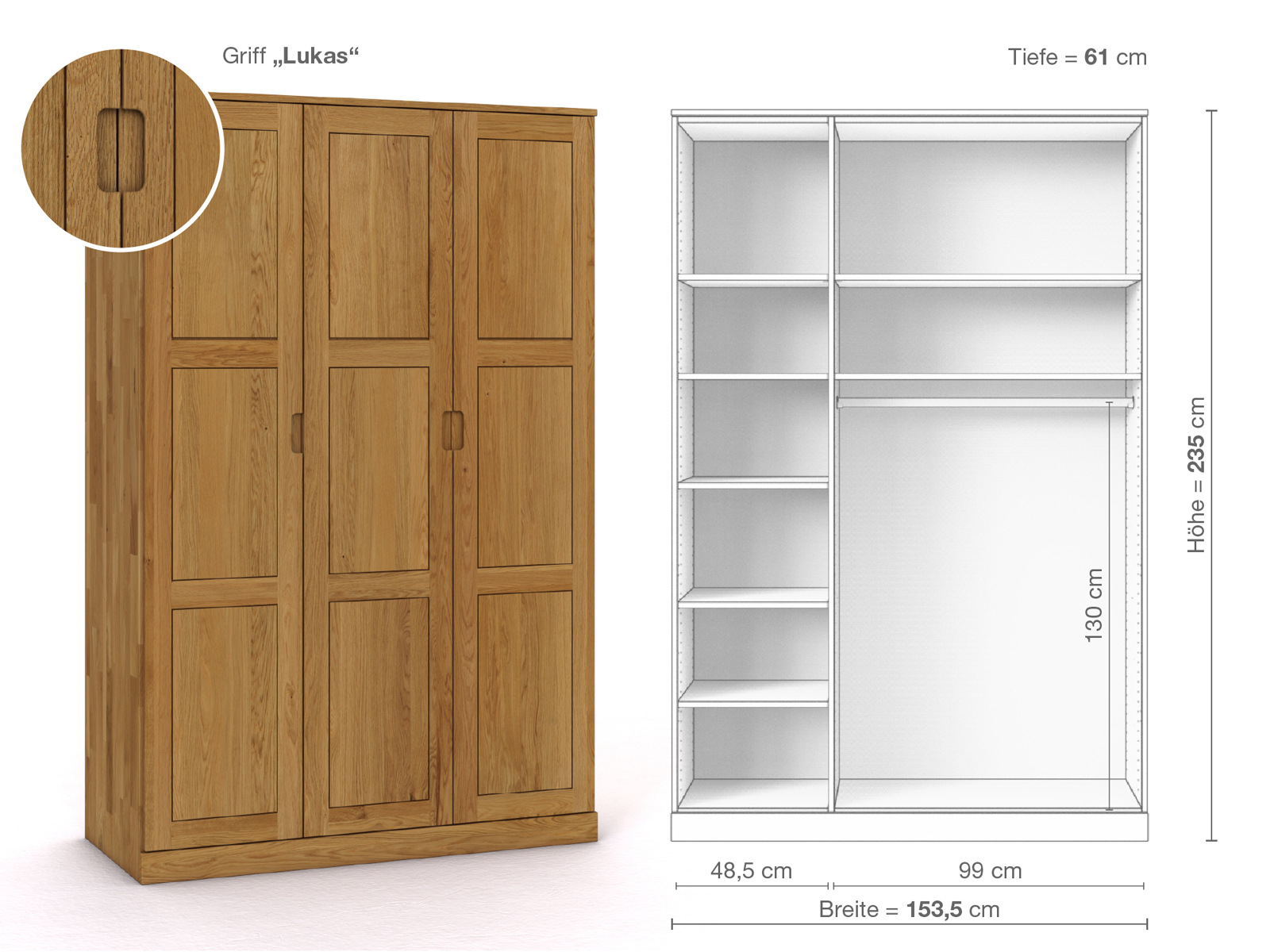 Eichenschrank „Enzian“, 3-türig, Höhe 235 cm, Griffausführung „Lukas“, Inneneinrichtung B