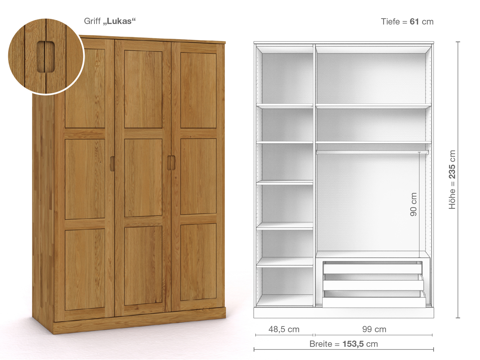 Eichenschrank „Enzian“, 3-türig, Höhe 235 cm, Griffausführung „Lukas“, Inneneinrichtung C