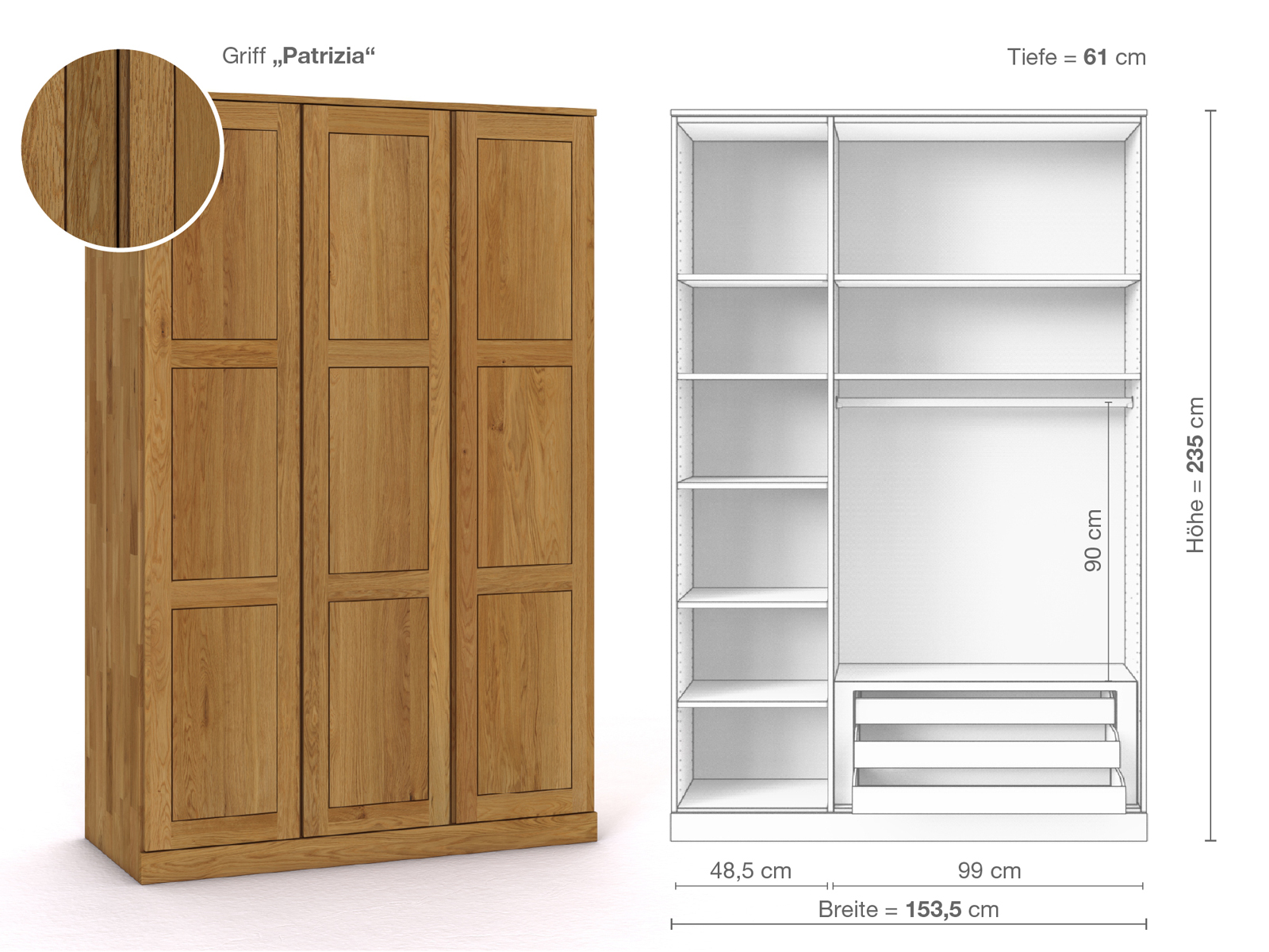 Eichenschrank „Enzian“, 3-türig, Höhe 235 cm, Griffausführung „Patrizia“, Inneneinrichtung C