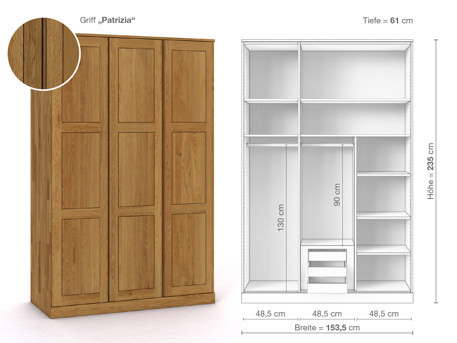 Eichenschrank „Enzian“, 3-türig, Höhe 235 cm, Griffausführung „Patrizia“, Inneneinrichtung D