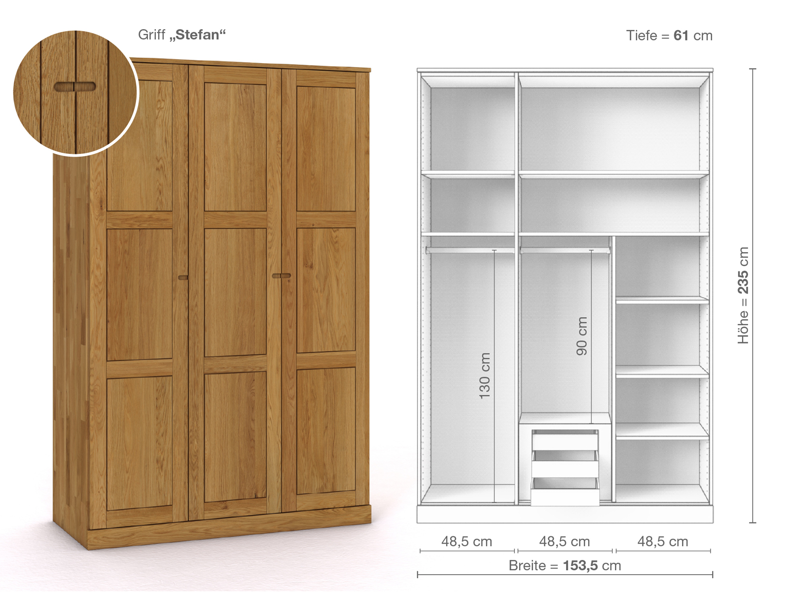 Eichenschrank „Enzian“, 3-türig, Höhe 235 cm, Griffausführung „Stefan“, Inneneinrichtung D