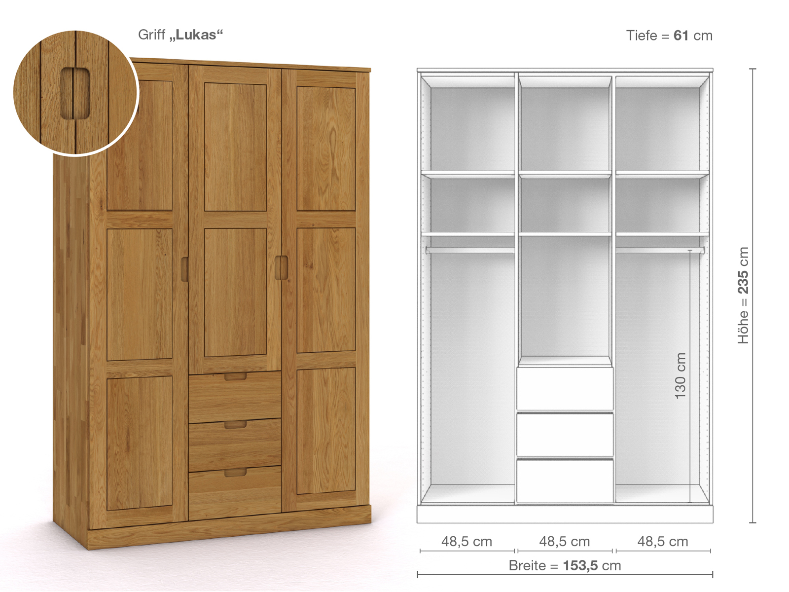 Eichenschrank „Enzian“, 3-türig, Höhe 235 cm, Griffausführung „Lukas“, Inneneinrichtung E