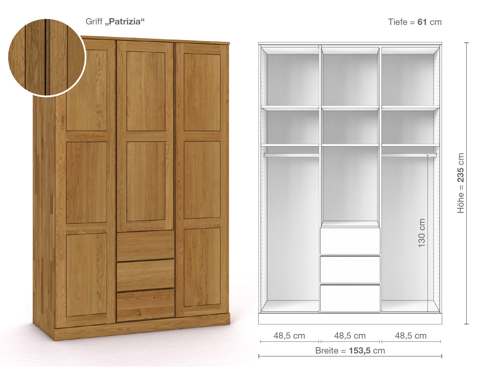 Eichenschrank „Enzian“, 3-türig, Höhe 235 cm, Griffausführung „Patrizia“, Inneneinrichtung E