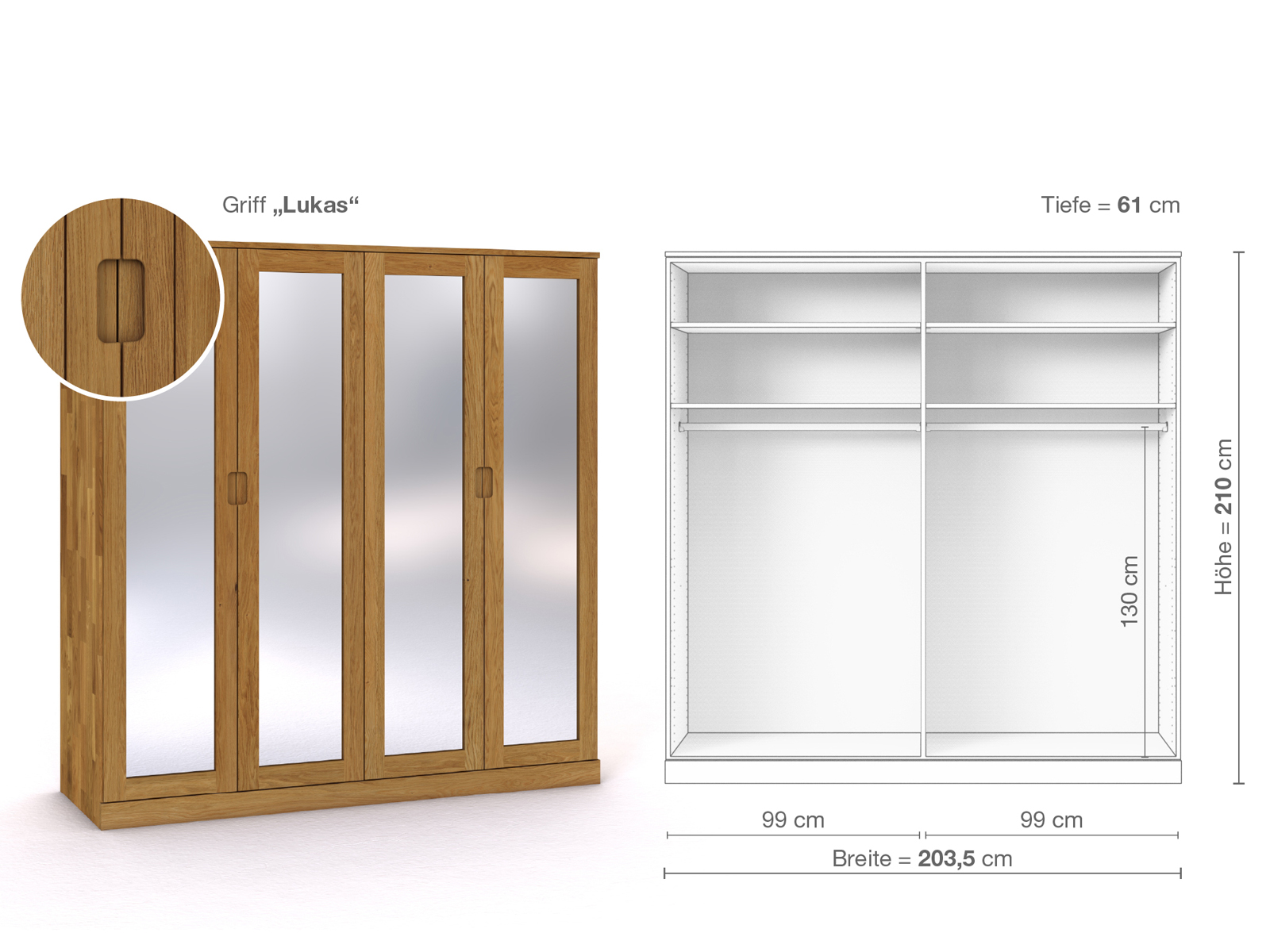 Eichenschrank „Alpenrose“, 4-türig, Höhe 210 cm, Griffausführung „Lukas“, Inneneinrichtung A