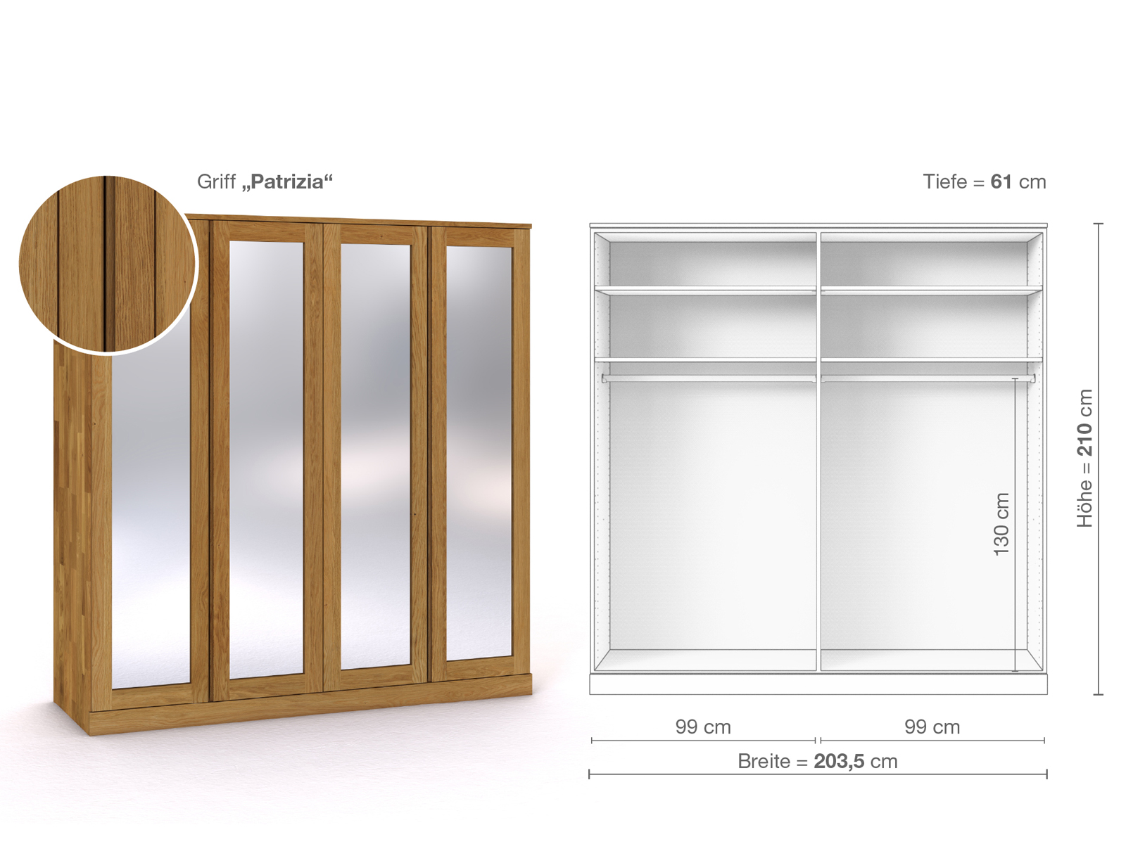 Eichenschrank „Alpenrose“, 4-türig, Höhe 210 cm, Griffausführung „Patrizia“, Inneneinrichtung A