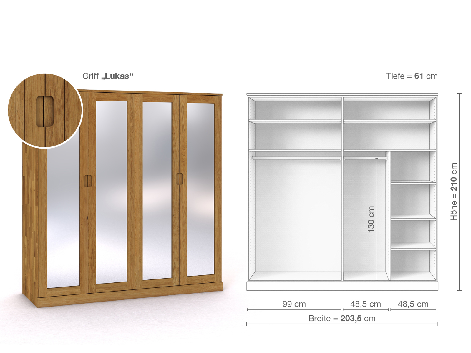 Eichenschrank „Alpenrose“, 4-türig, Höhe 210 cm, Griffausführung „Lukas“, Inneneinrichtung B