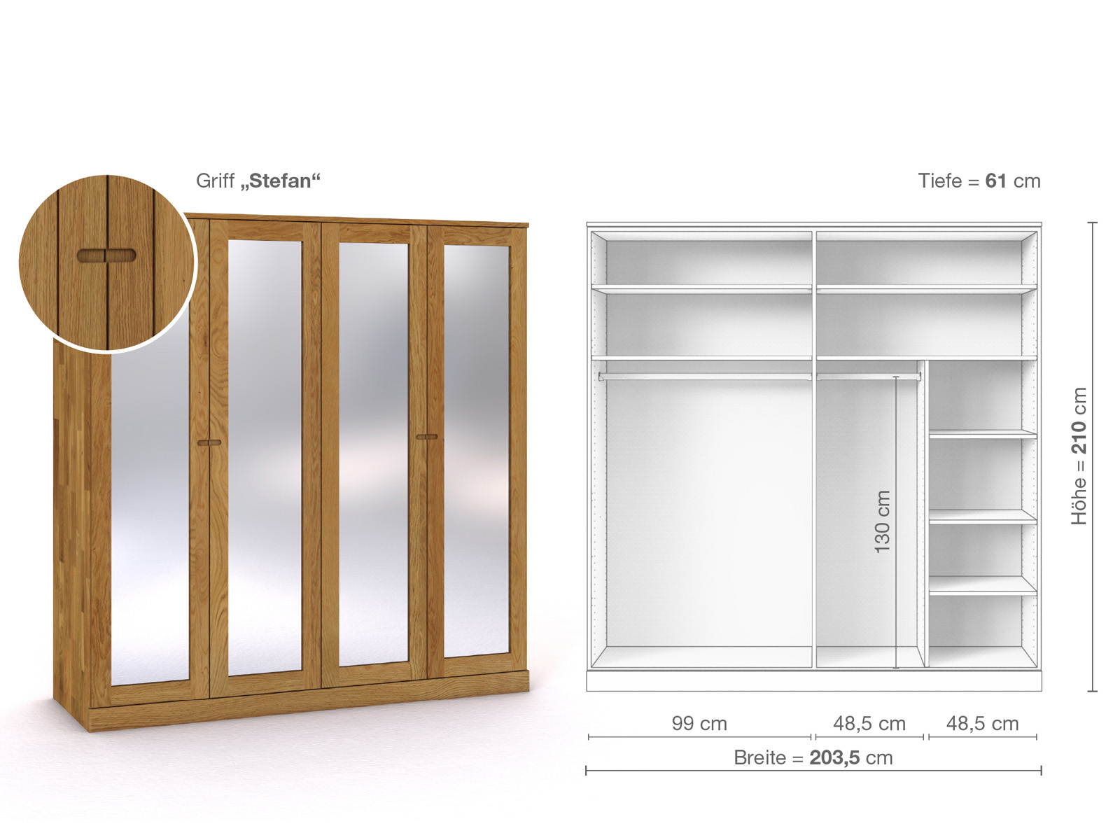 Eichenschrank „Alpenrose“, 4-türig, Höhe 210 cm, Griffausführung „Stefan“, Inneneinrichtung B