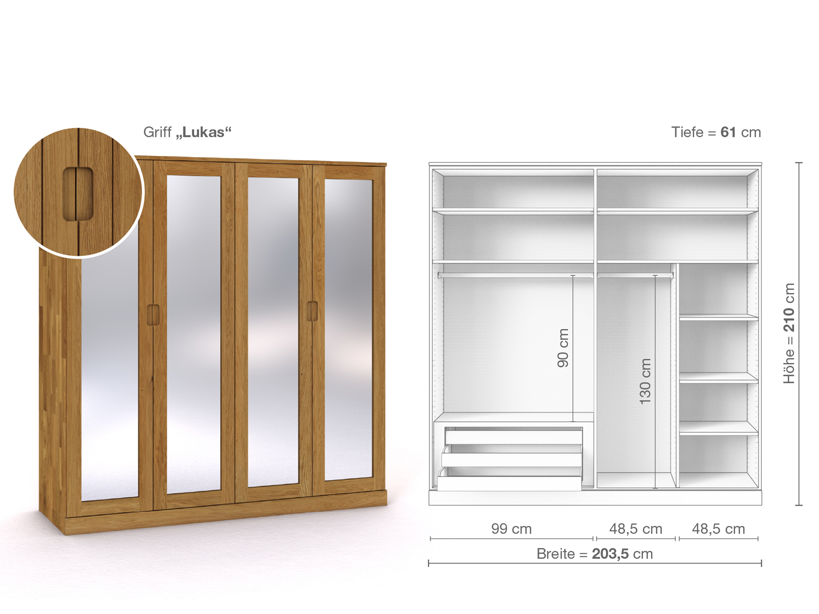 Eichenschrank „Alpenrose“, 4-türig, Höhe 210 cm, Griffausführung „Lukas“, Inneneinrichtung C