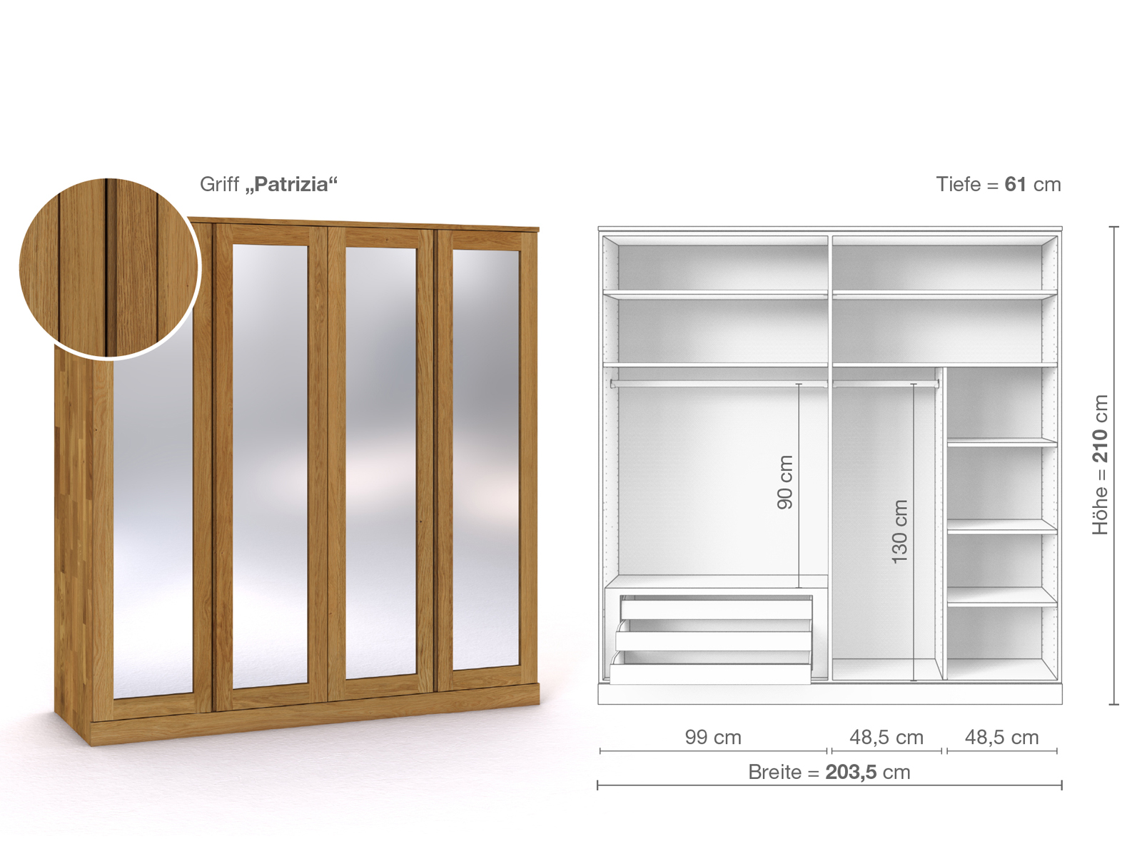 Eichenschrank „Alpenrose“, 4-türig, Höhe 210 cm, Griffausführung „Patrizia“, Inneneinrichtung C