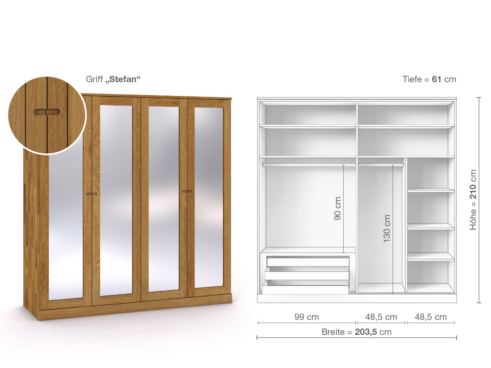 Eichenschrank „Alpenrose“, 4-türig, Höhe 210 cm, Griffausführung „Stefan“, Inneneinrichtung C